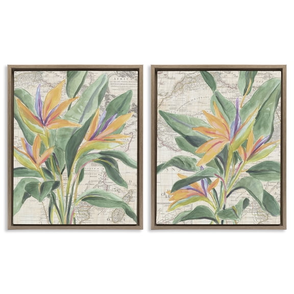 Stupell Industries Flowers over Vintage Map Floral Painting Brown Floater Framed Canvas Art Print Wall Art, 17 x 21, Set of 2