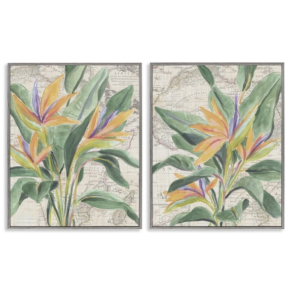 Stupell Industries Flowers over Vintage Map Floral Painting Gray Framed Art Print Wall Art, 11 x 14, Set of 2