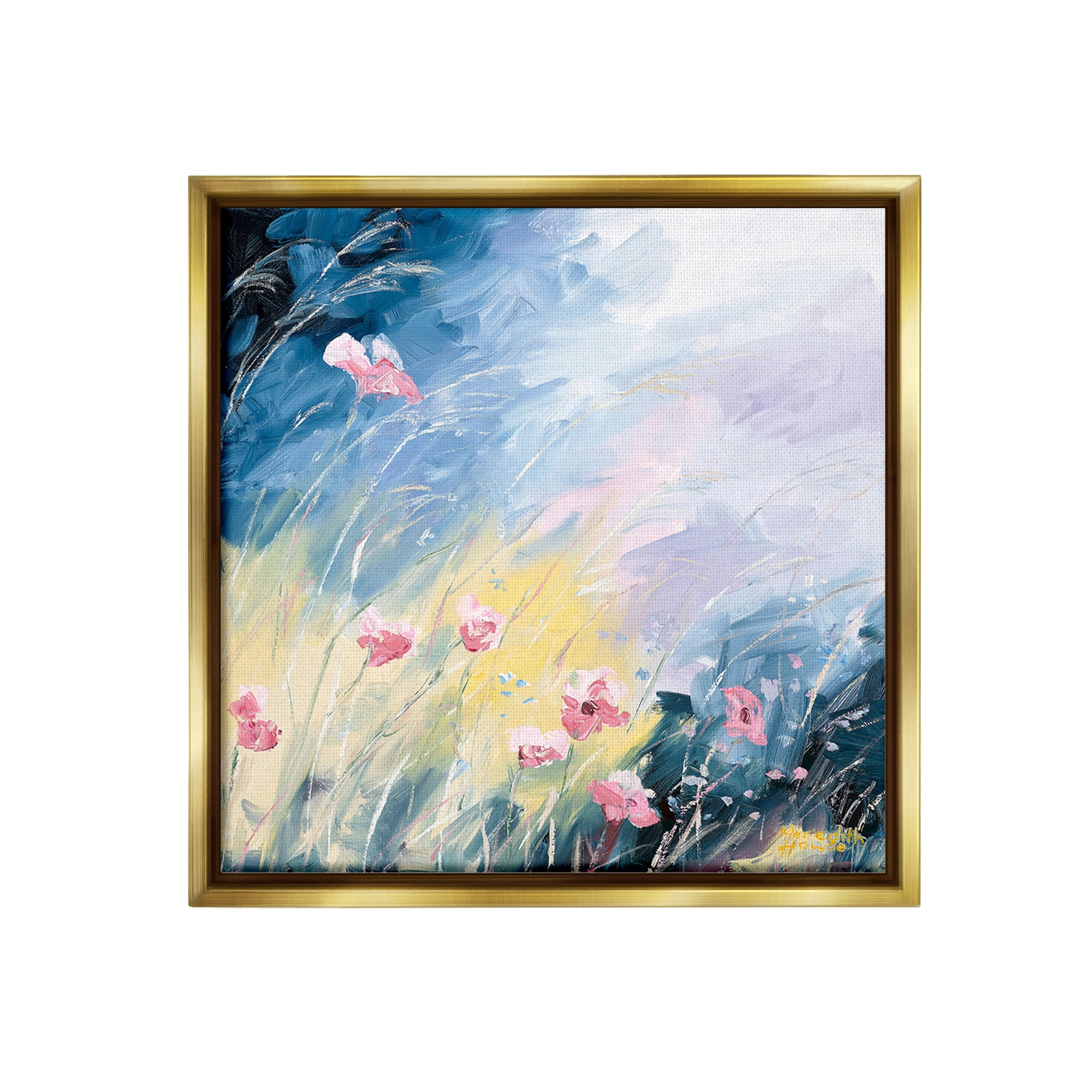 Stupell Industries Flowers with Abstract Ombre Botanical & Floral Painting Gold Floater Framed Canvas Art Print Wall Art, 25 x 25