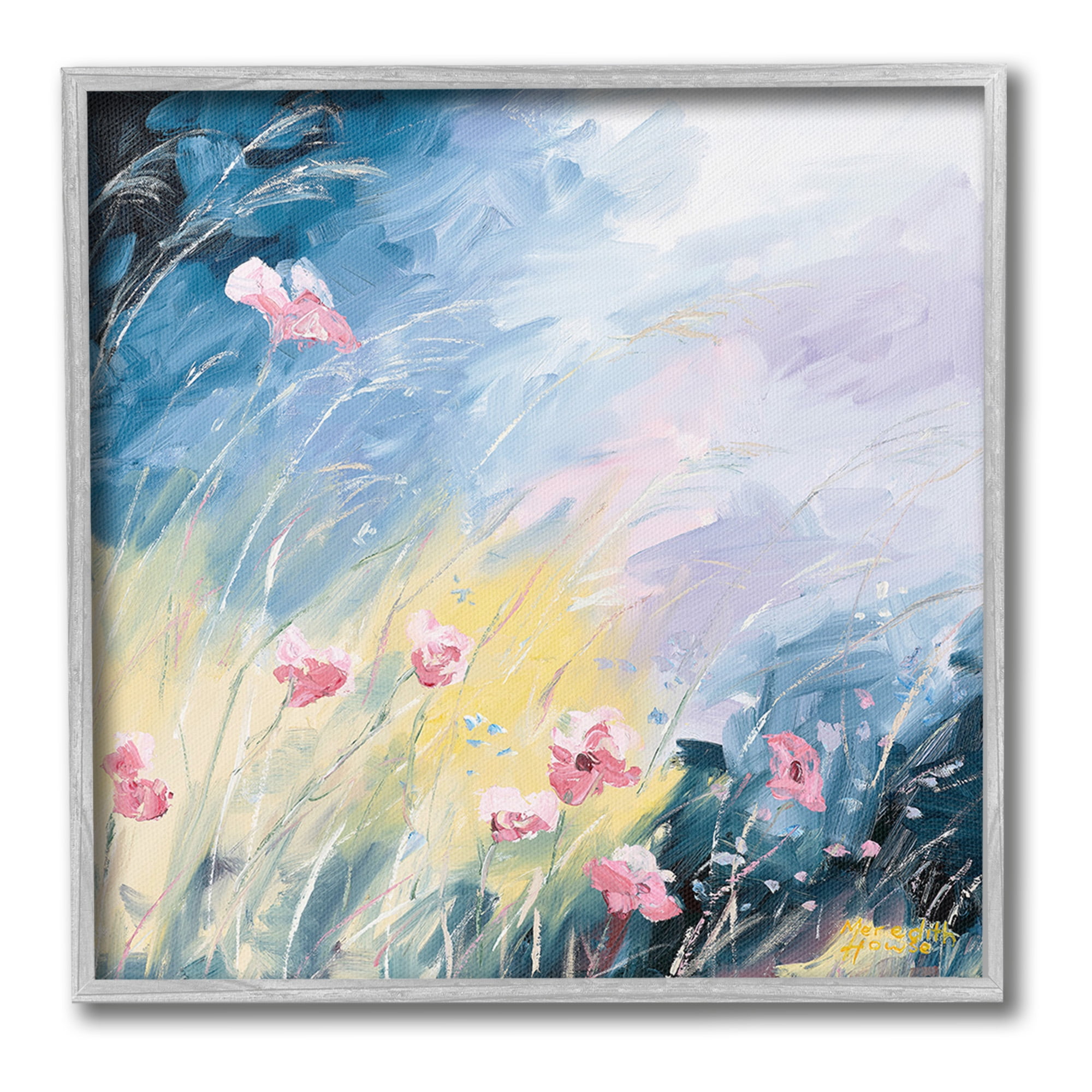 Stupell Industries Flowers with Abstract Ombre Botanical & Floral Painting Gray Framed Art Print Wall Art, 24 x 24