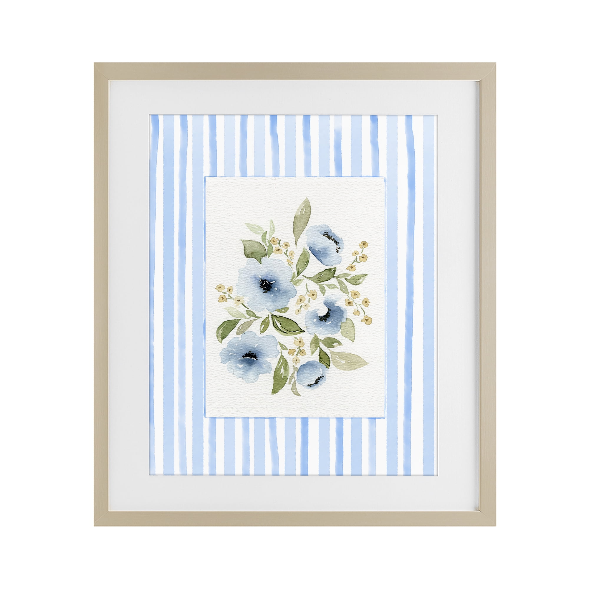 Stupell Industries Flowers with Blue Stripes Birch Framed Print Under Glass, design by Leah Noel Art