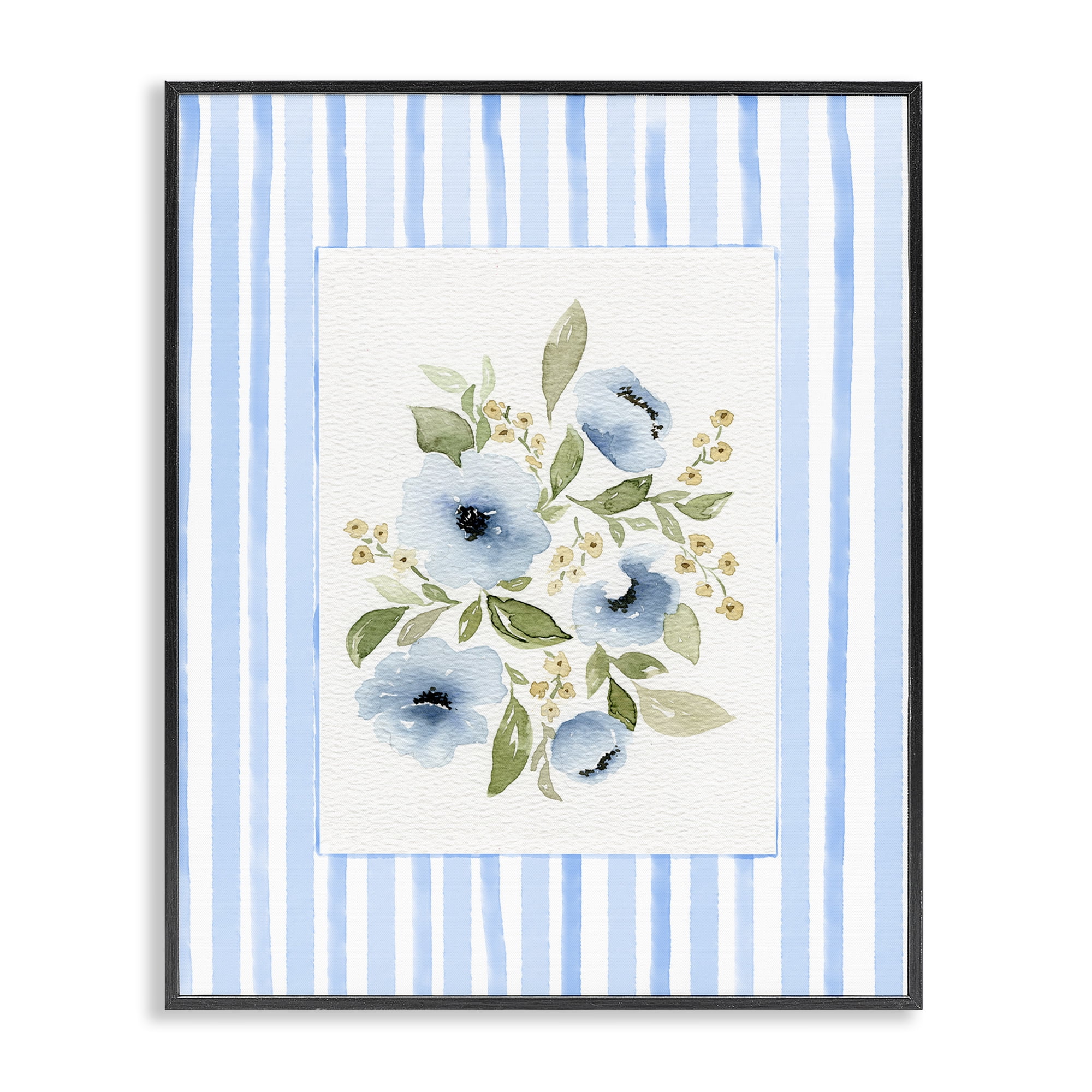 Stupell Industries Flowers with Blue Stripes Black Framed Giclee Art, design by Leah Noel Art