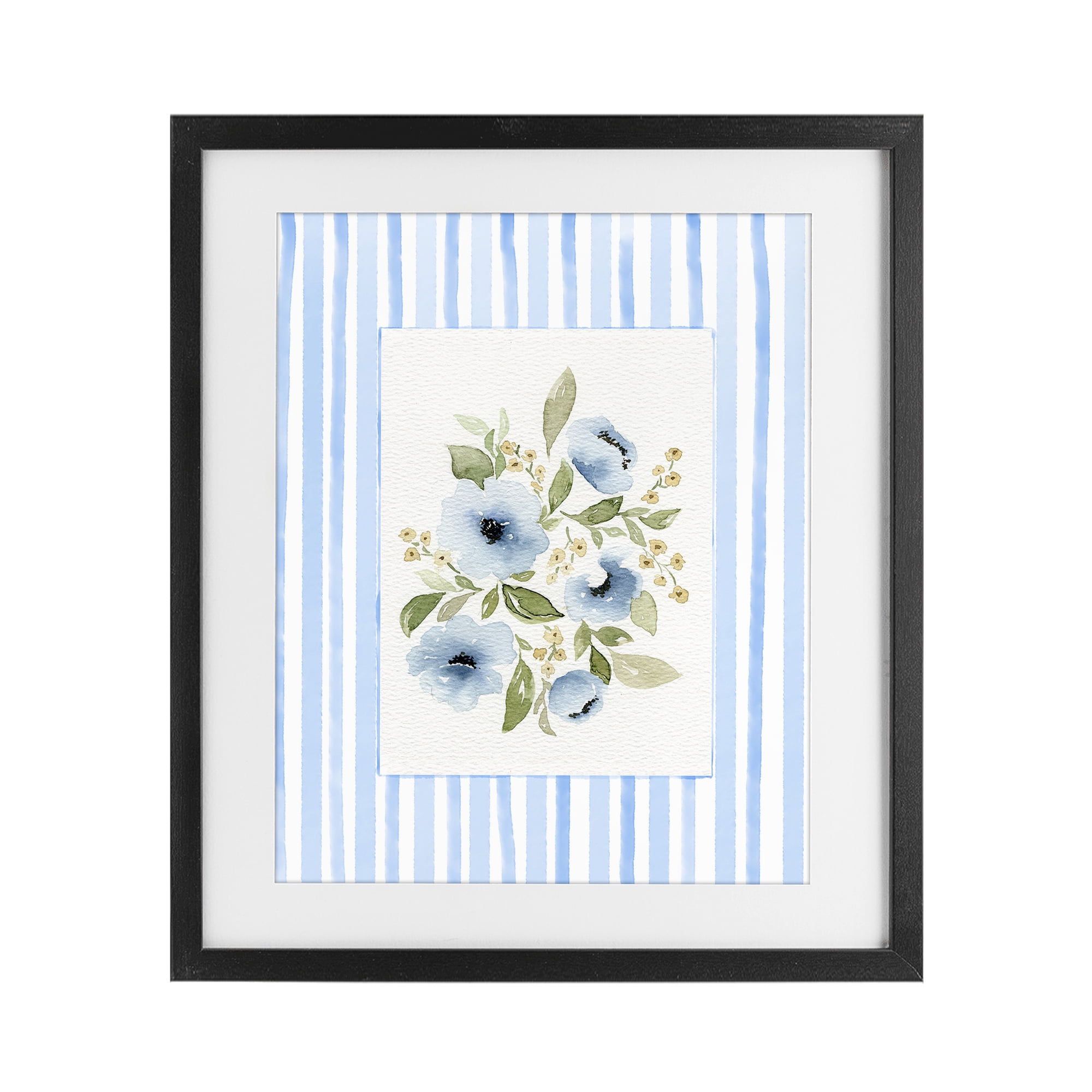 Stupell Industries Flowers with Blue Stripes Black Framed Print Under Glass, design by Leah Noel Art