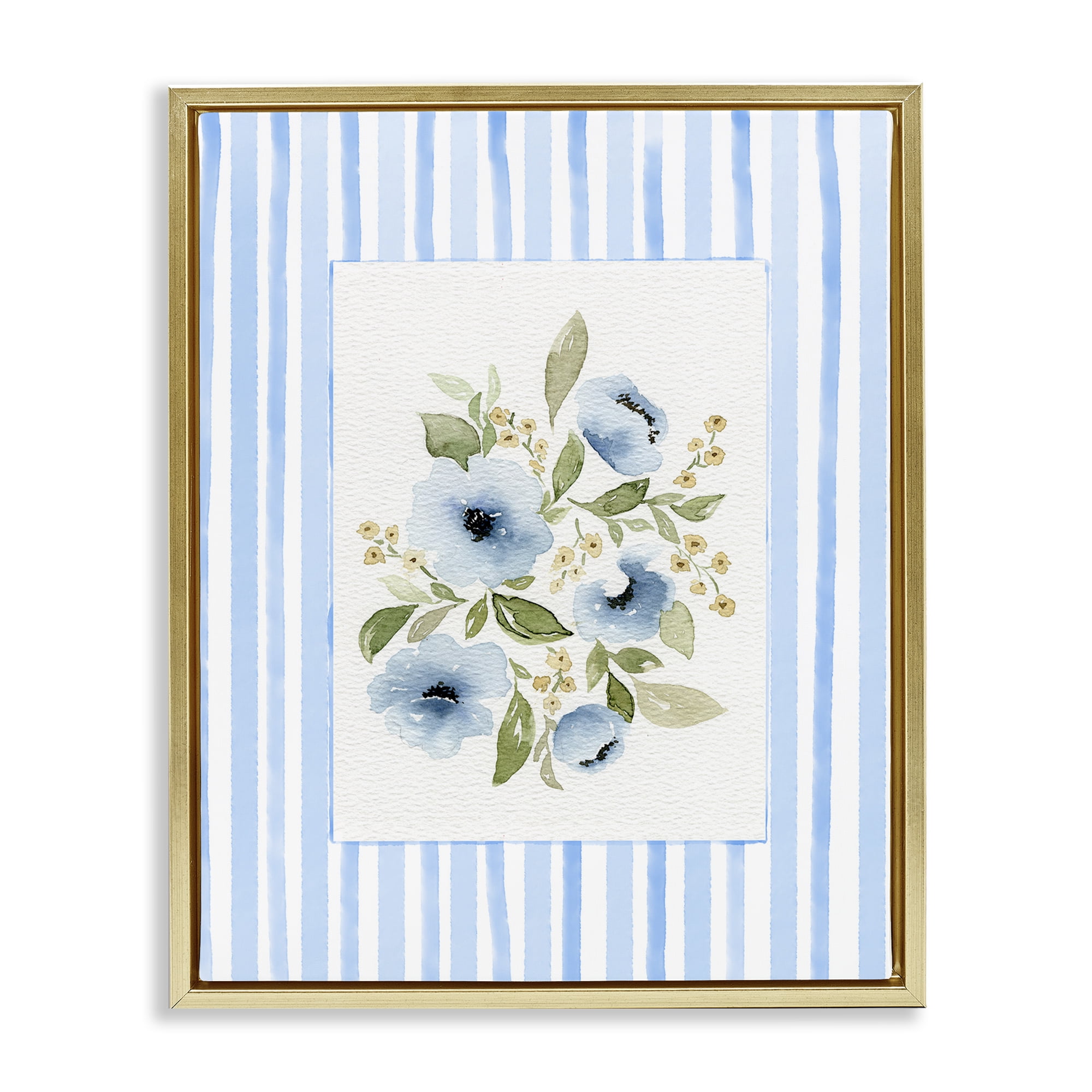 Stupell Industries Flowers with Blue Stripes Gold Framed Floater Canvas Wall Art, design by Leah Noel Art