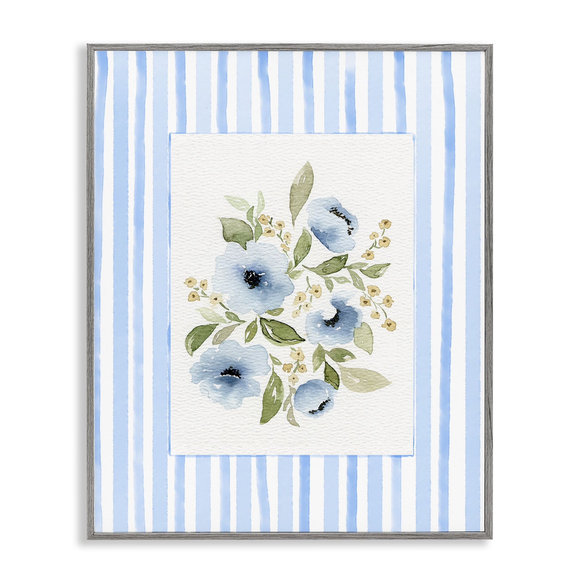 Stupell Industries Flowers with Blue Stripes Gray Framed Giclee Art, design by Leah Noel Art