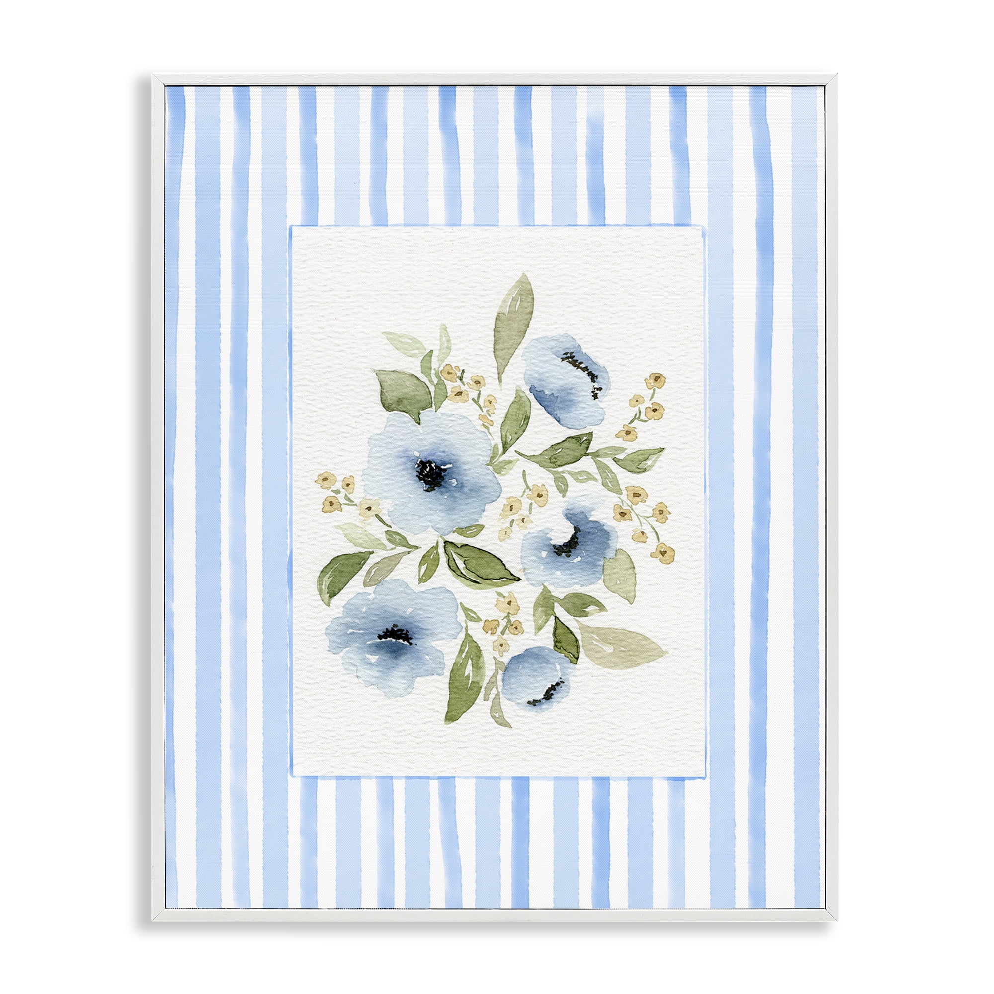 Stupell Industries Flowers with Blue Stripes White Framed Giclee Art, design by Leah Noel Art
