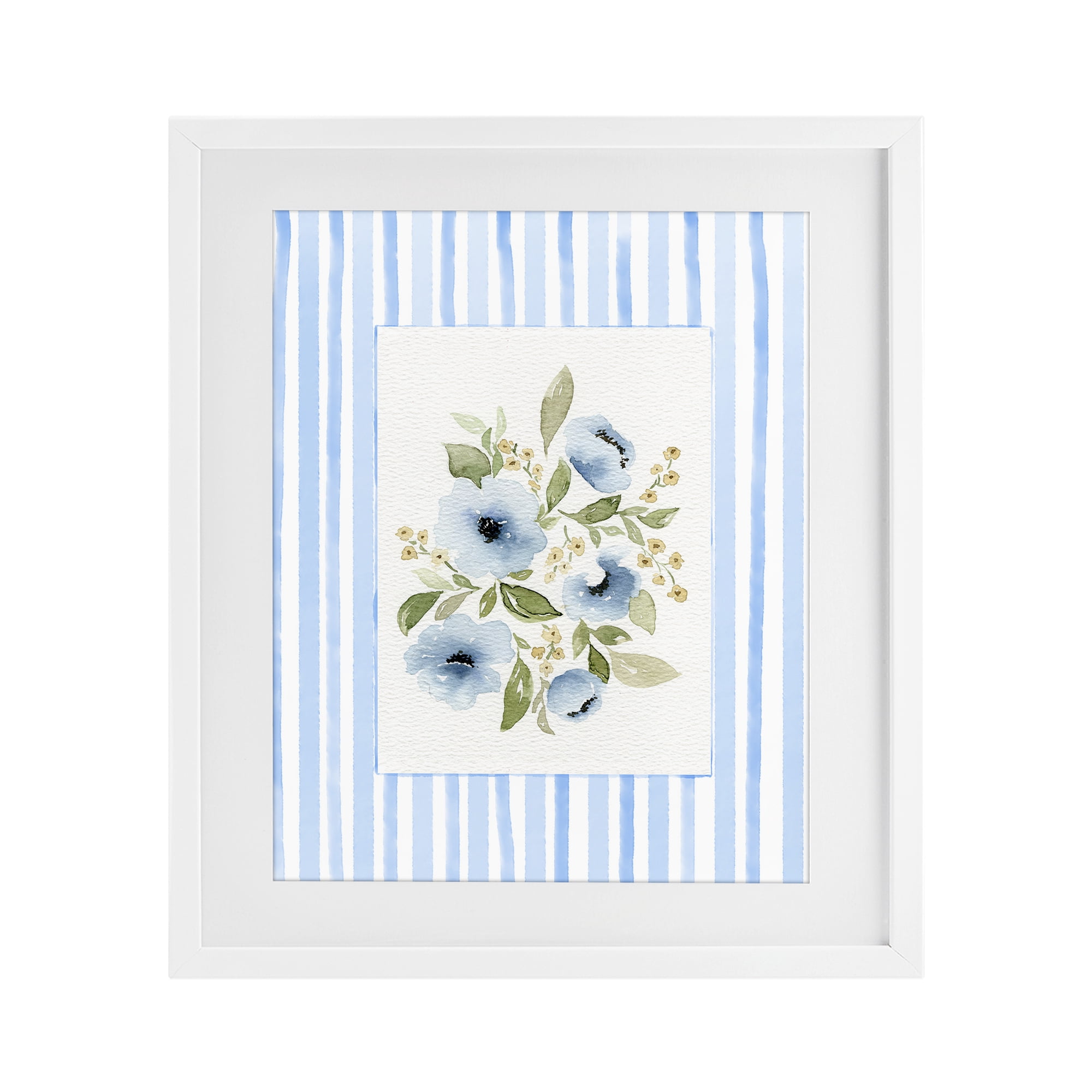 Stupell Industries Flowers with Blue Stripes White Framed Print Under Glass, design by Leah Noel Art