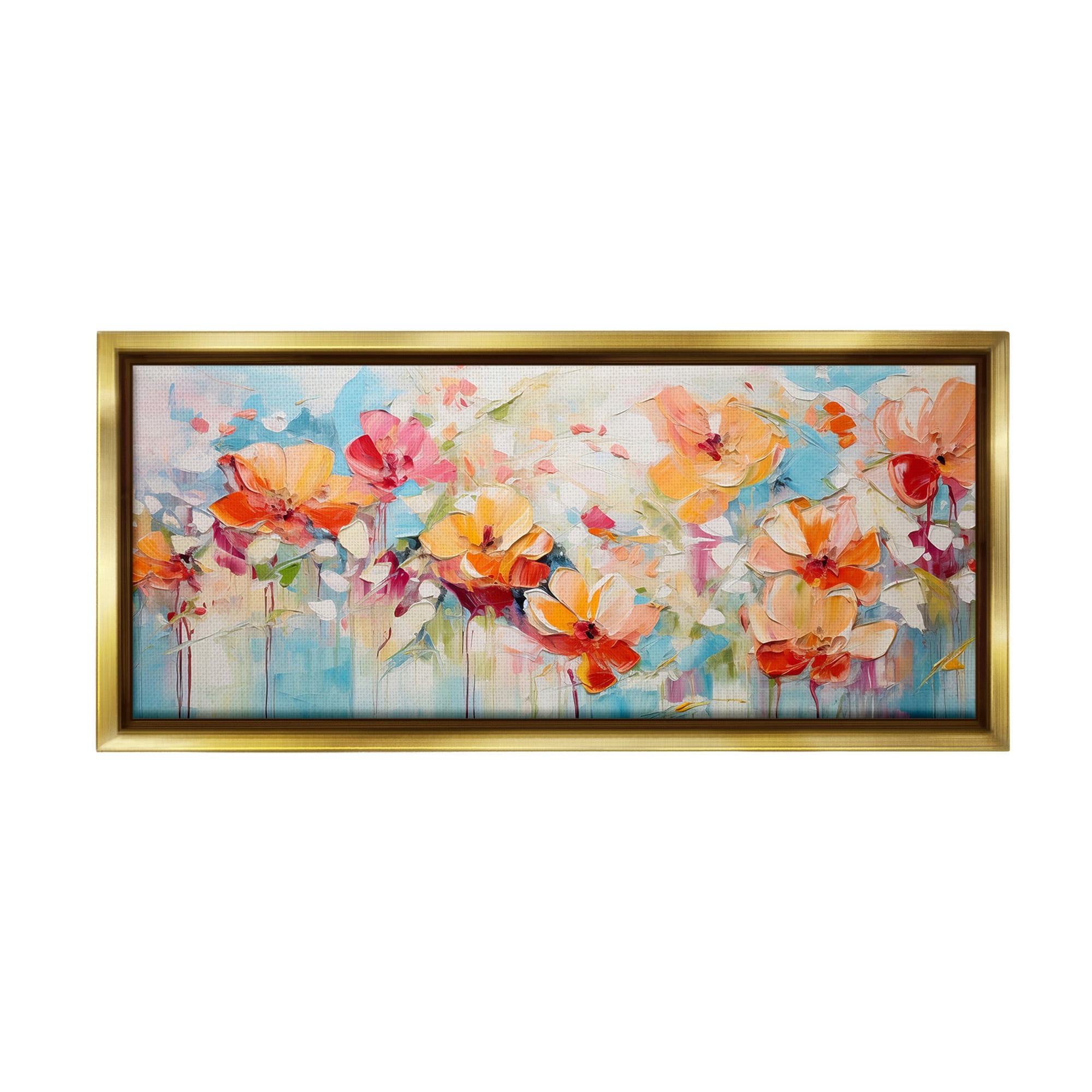 Stupell Industries Flowers with Paint Drip Botanical & Floral Painting Gold Floater Framed Canvas Art Print Wall Art, 31 x 14