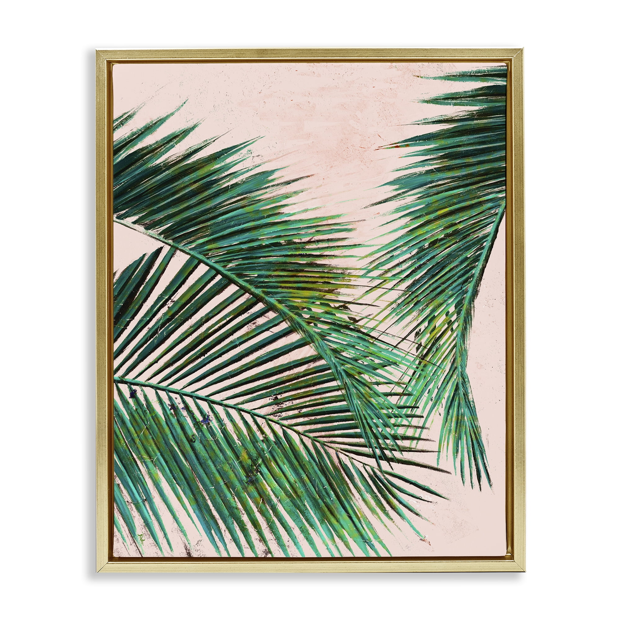 Stupell Industries Flowing Palms on Pink Botanical & Floral Painting Gold Floater Framed Canvas Art Print Wall Art, 17 x 21