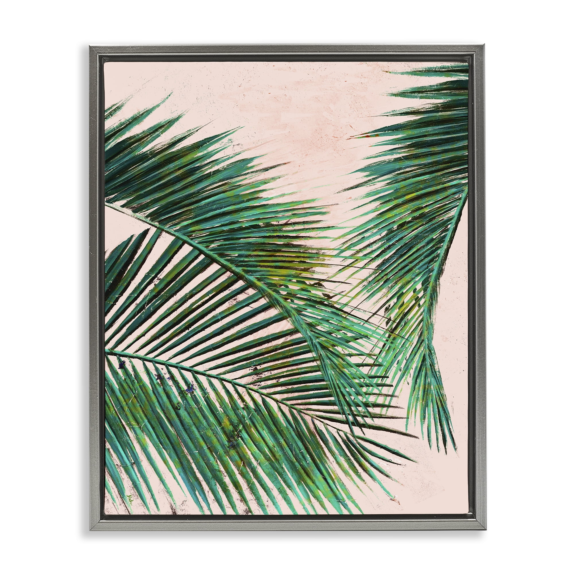 Stupell Industries Flowing Palms on Pink Botanical & Floral Painting Gray Floater Framed Canvas Art Print Wall Art, 17 x 21