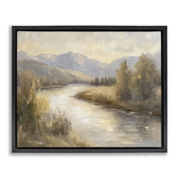 Stupell Industries Flowing River & Distant Mountains Landscape & Nature Painting Black Floater Framed Canvas Art Print Wall Art, 21 x 17