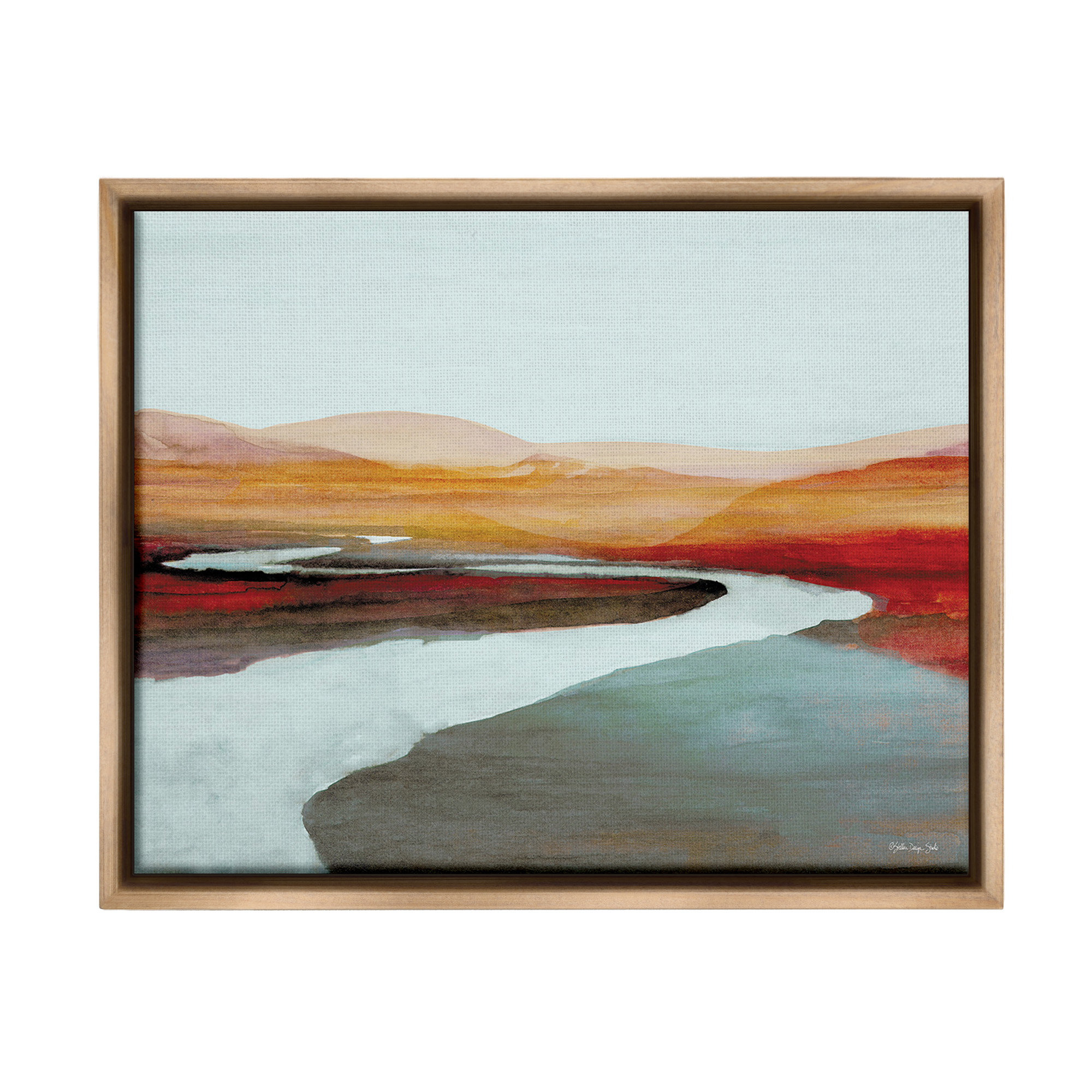 Stupell Industries Flowing River Landscape Landscape Painting Brown Floater Framed Canvas Art Print Wall Art, 21 x 17