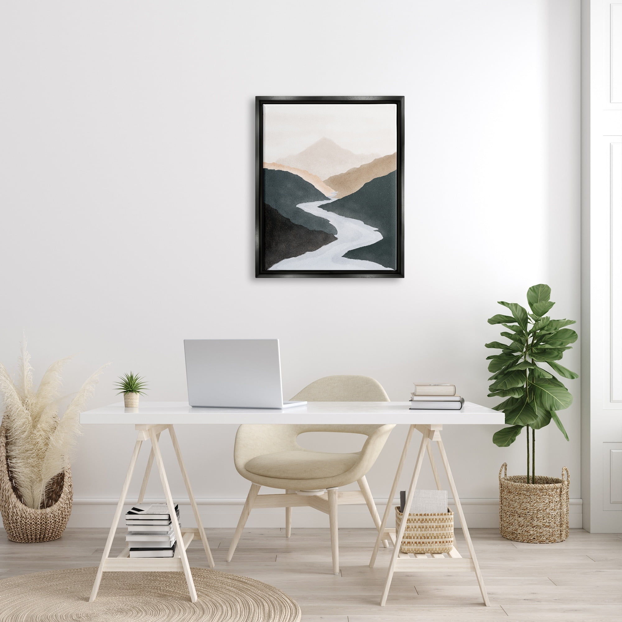 Stupell Industries Flowing River Nature Landscape Foggy Distant Mountain Painting Jet Black Floating Framed Canvas Print Wall Art, Design by JJ Design House LLC
