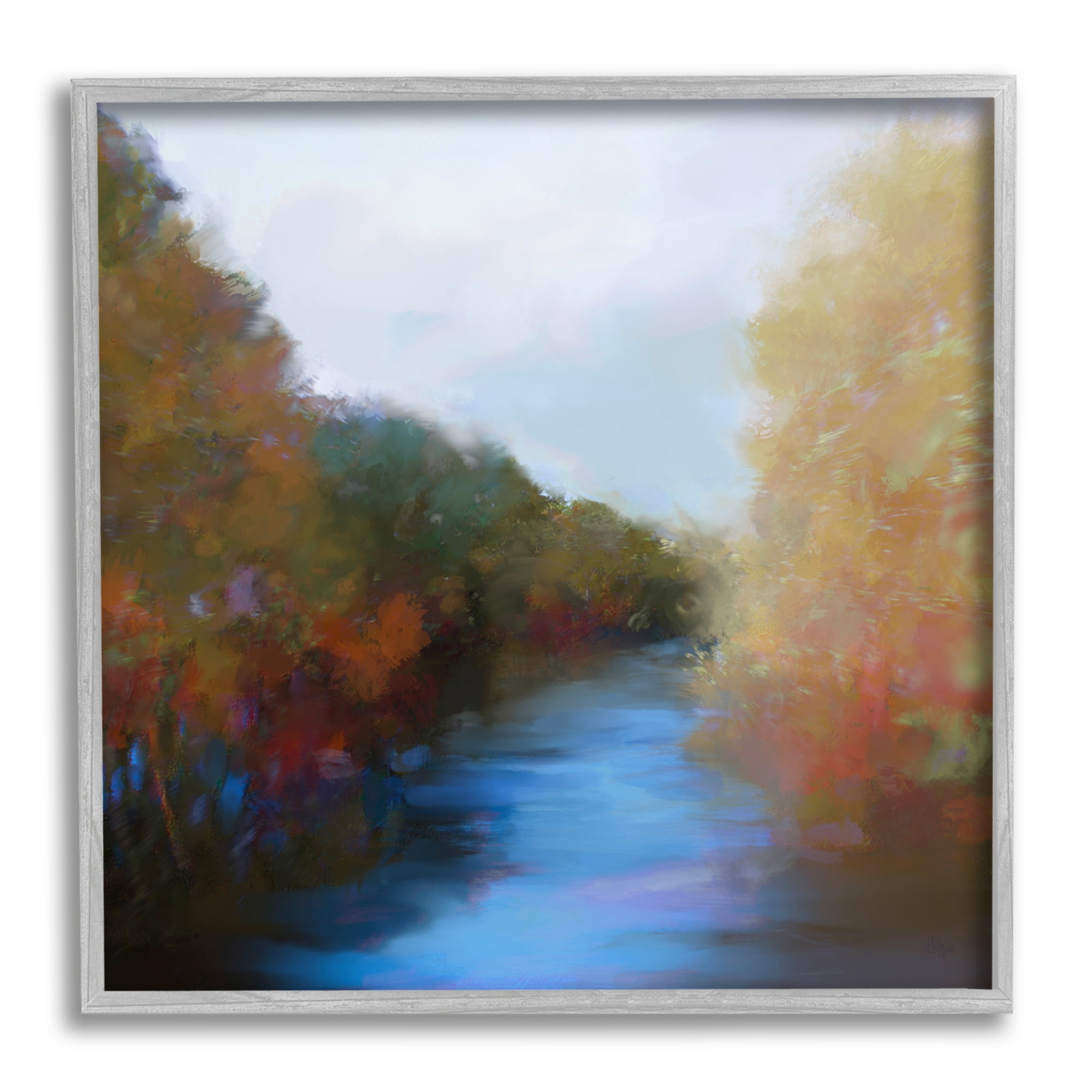 Stupell Industries Flowing River Nature Trees Foliage Coastal Painting Gray Framed Art Print Wall Art