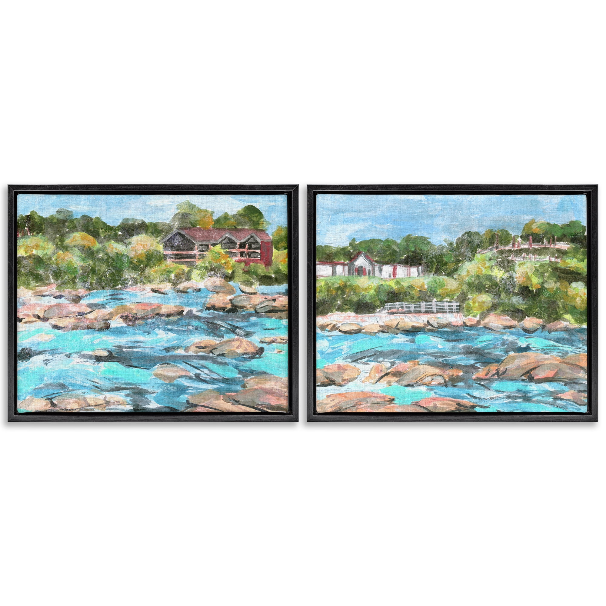 Stupell Industries Flowing River Rocks Nautical & Beach Painting Black Floater Framed Canvas Art Print Wall Art, 31 x 25, Set of 2