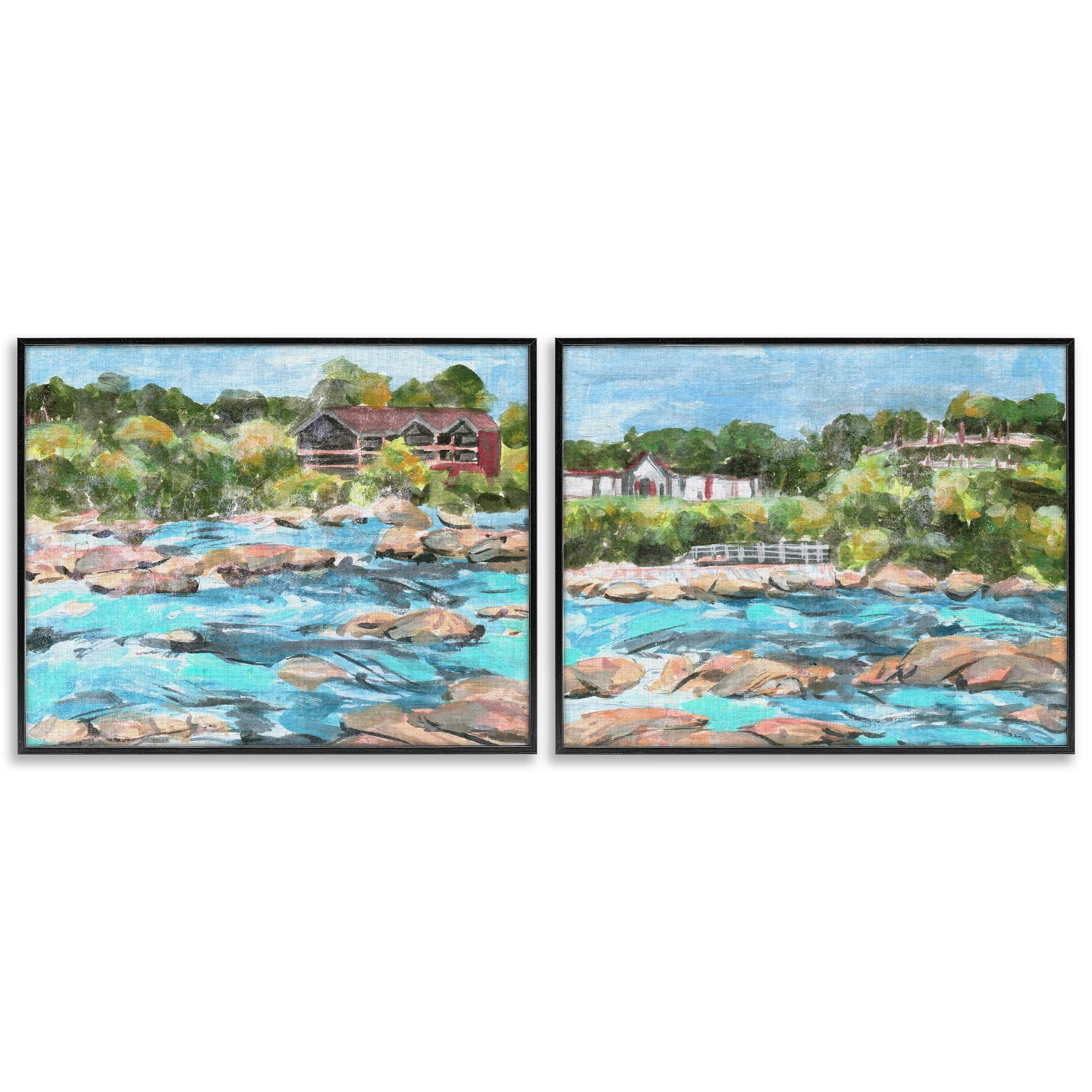 Stupell Industries Flowing River Rocks Nautical & Beach Painting Black Framed Art Print Wall Art, 14 x 11, Set of 2