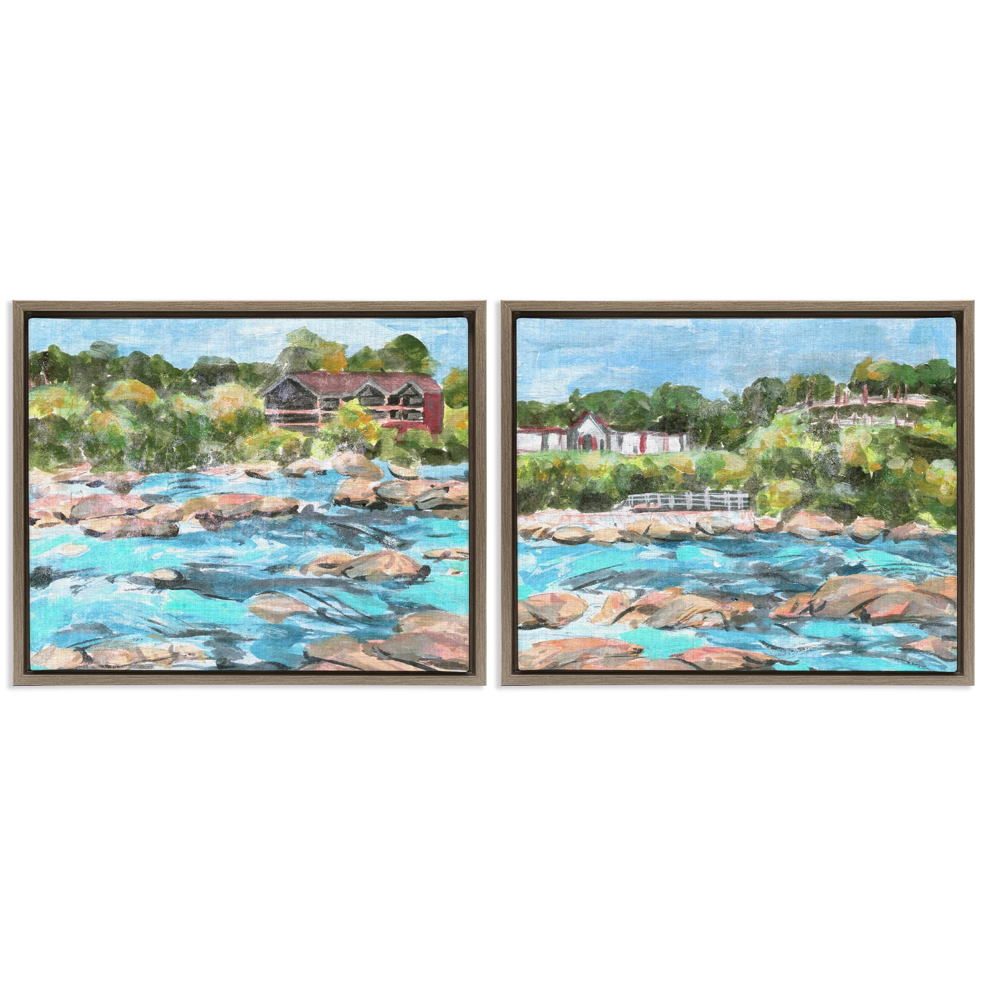 Stupell Industries Flowing River Rocks Nautical & Beach Painting Brown Floater Framed Canvas Art Print Wall Art, 21 x 17, Set of 2