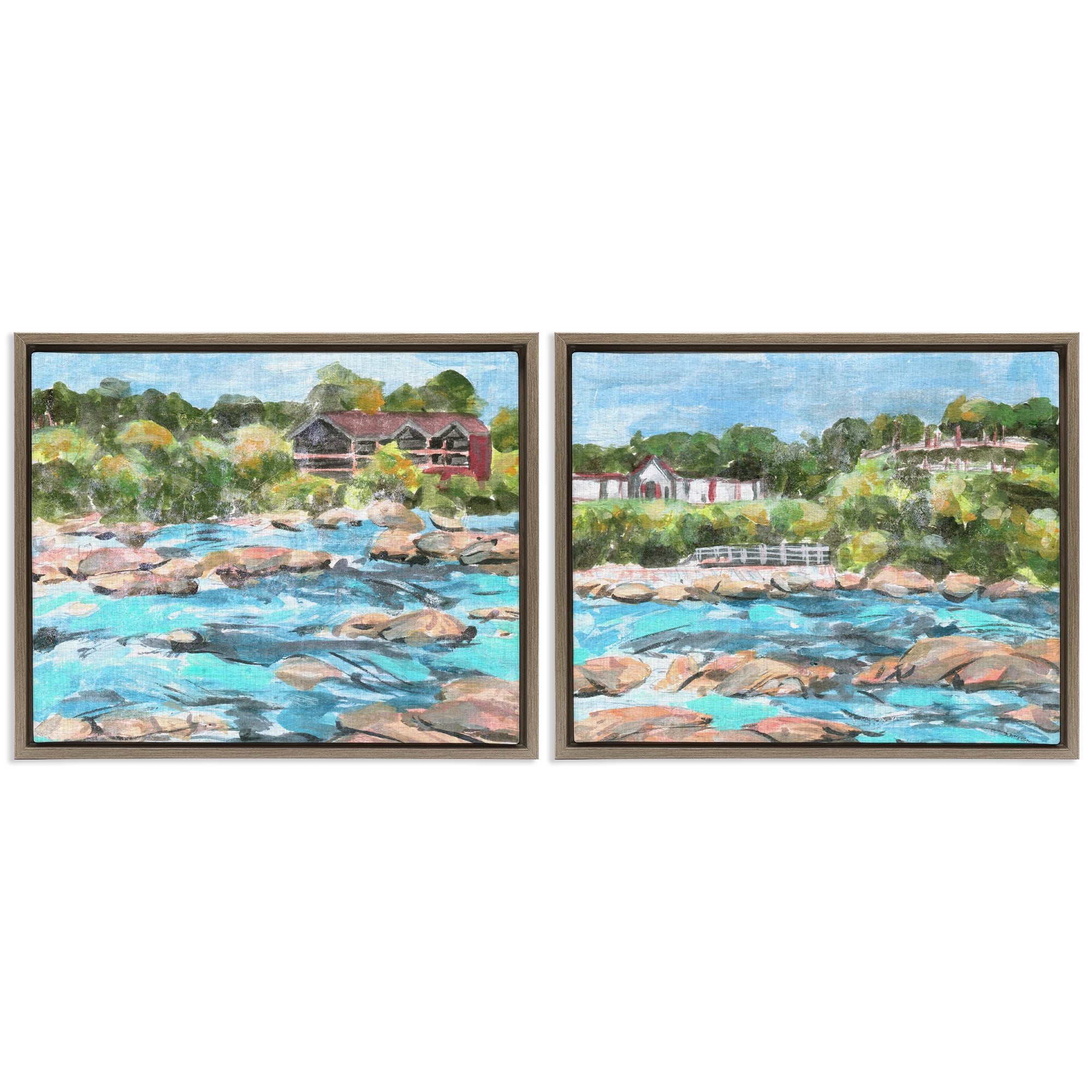 Stupell Industries Flowing River Rocks Nautical & Beach Painting Brown Floater Framed Canvas Art Print Wall Art, 31 x 25, Set of 2