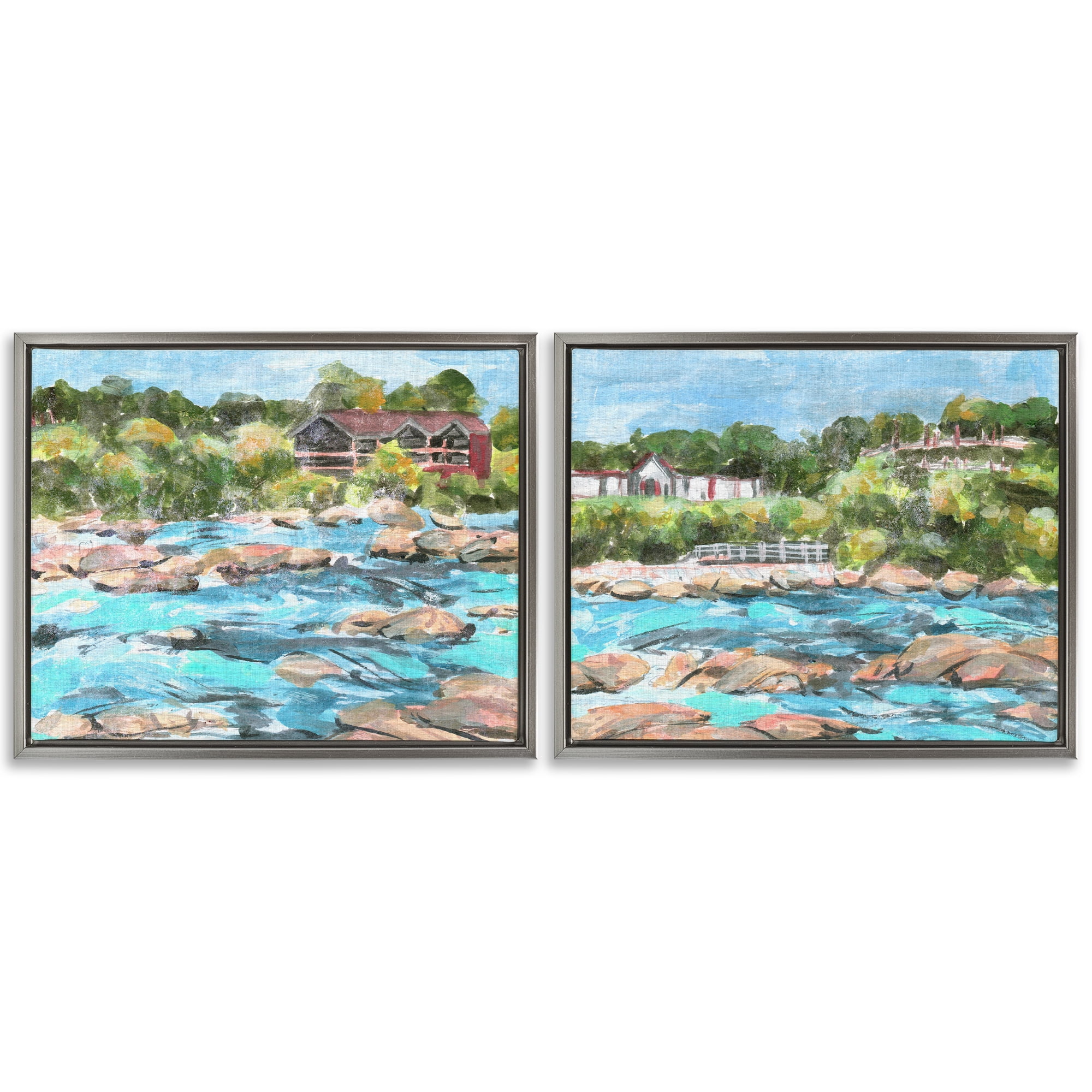 Stupell Industries Flowing River Rocks Nautical & Beach Painting Gray Floater Framed Canvas Art Print Wall Art, 31 x 25, Set of 2