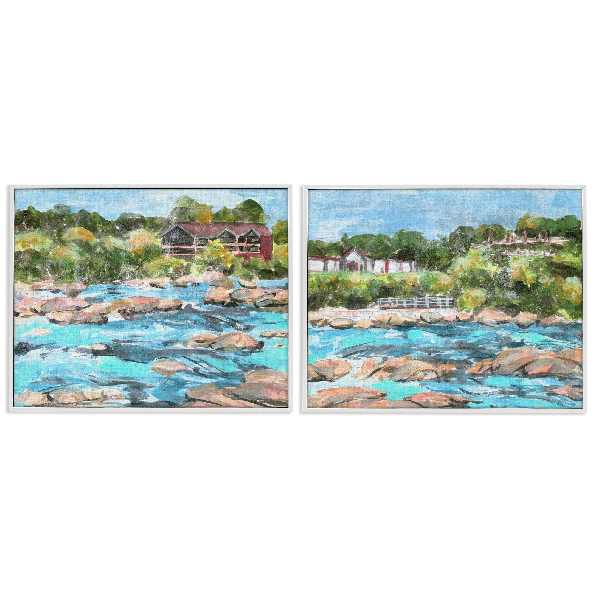 Stupell Industries Flowing River Rocks Nautical & Beach Painting White Framed Art Print Wall Art, 20 x 16, Set of 2