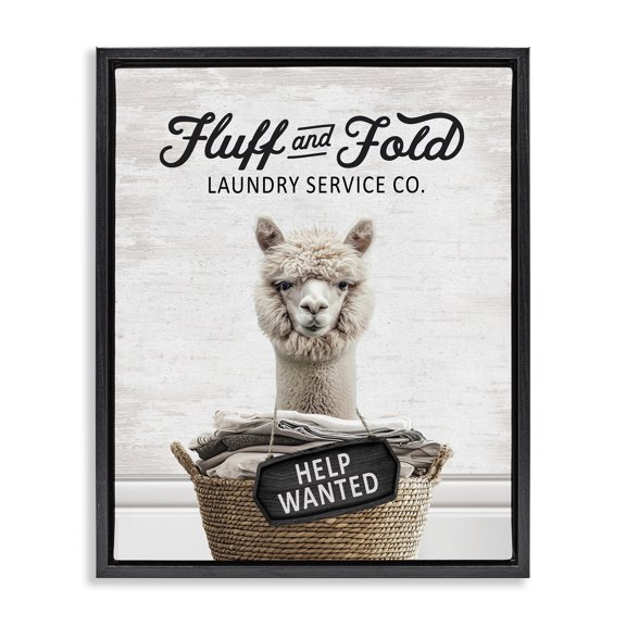 Stupell Industries Fluff & Fold Laundry Alpaca Quotes and Sayings Painting Black Floater Framed Canvas Art Print Wall Art, 17 x 21