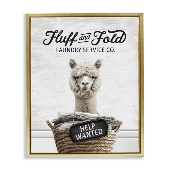 Stupell Industries Fluff & Fold Laundry Alpaca Quotes and Sayings Painting Gold Floater Framed Canvas Art Print Wall Art, 17 x 21