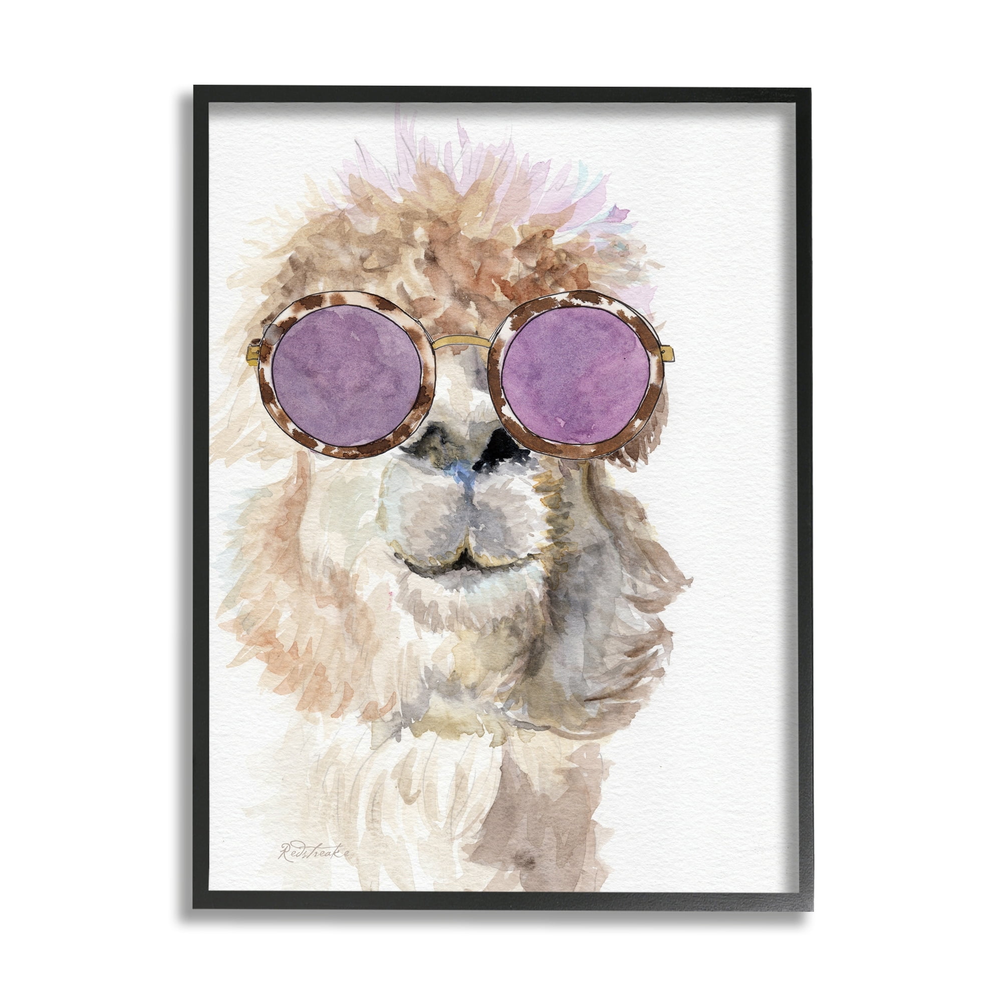 Stupell Industries Fluffy Alpaca Fun Purple Glam Sunglasses Portrait Painting Black Framed Art Print Wall Art, Design by Jennifer Redstreake
