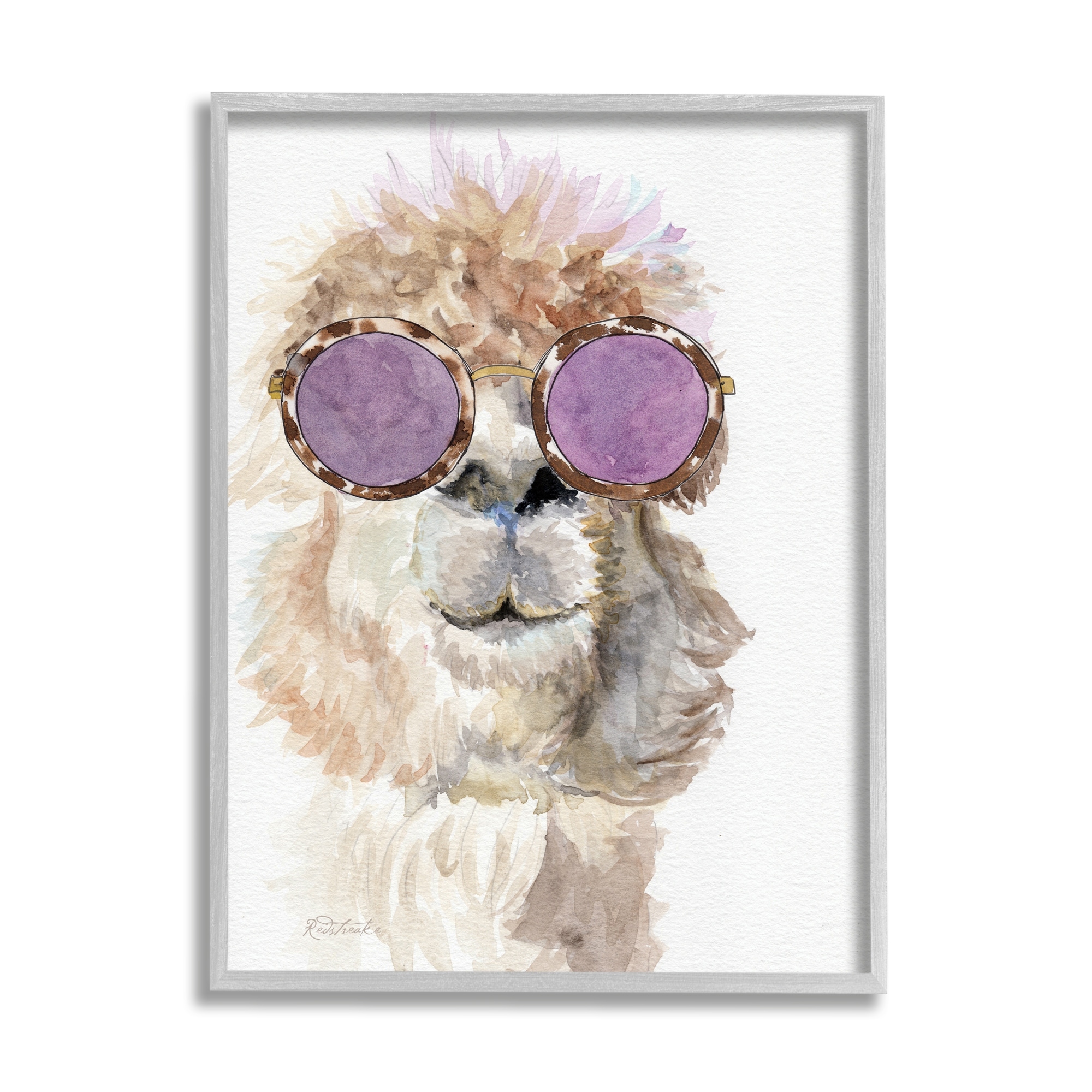 Stupell Industries Fluffy Alpaca Fun Purple Glam Sunglasses Portrait Painting Gray Framed Art Print Wall Art, Design by Jennifer Redstreake