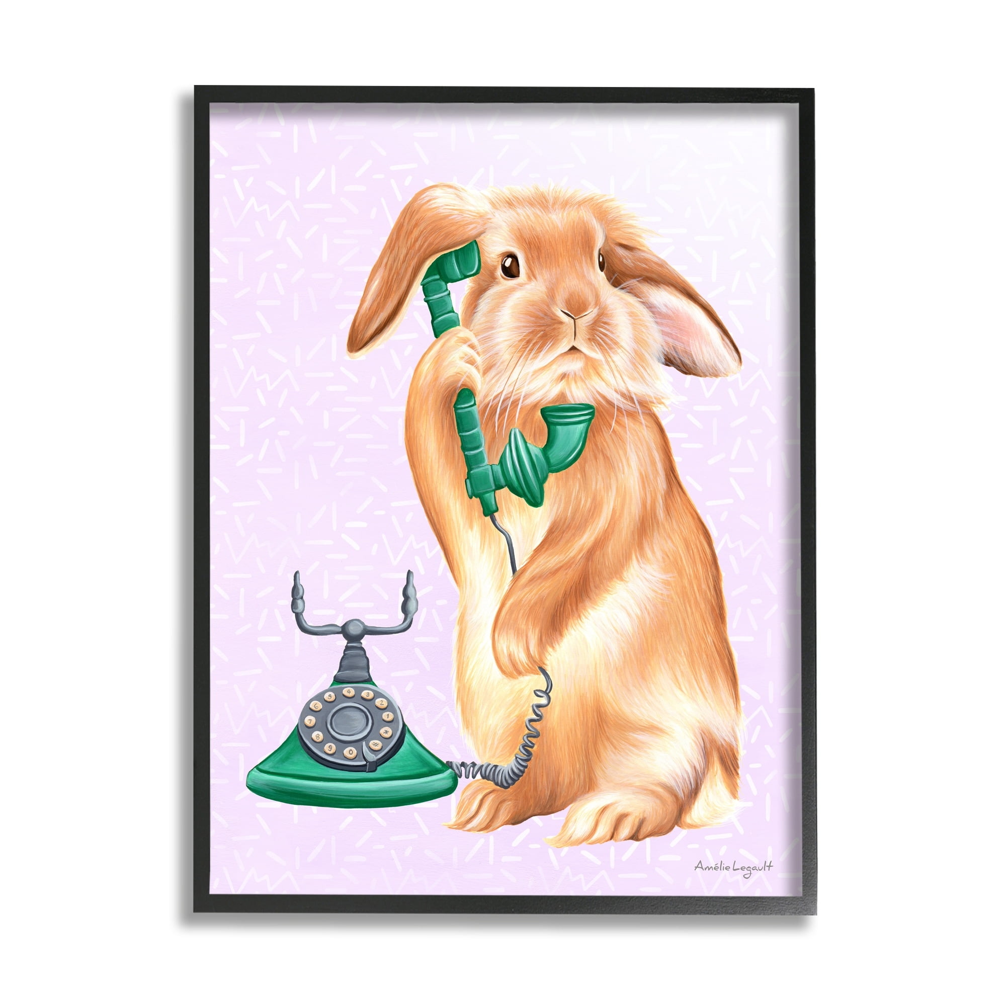 Stupell Industries Fluffy Bunny Rabbit Talking Green Rotary Phone Graphic Art Black Framed Art Print Wall Art, Design by Amelie Legault
