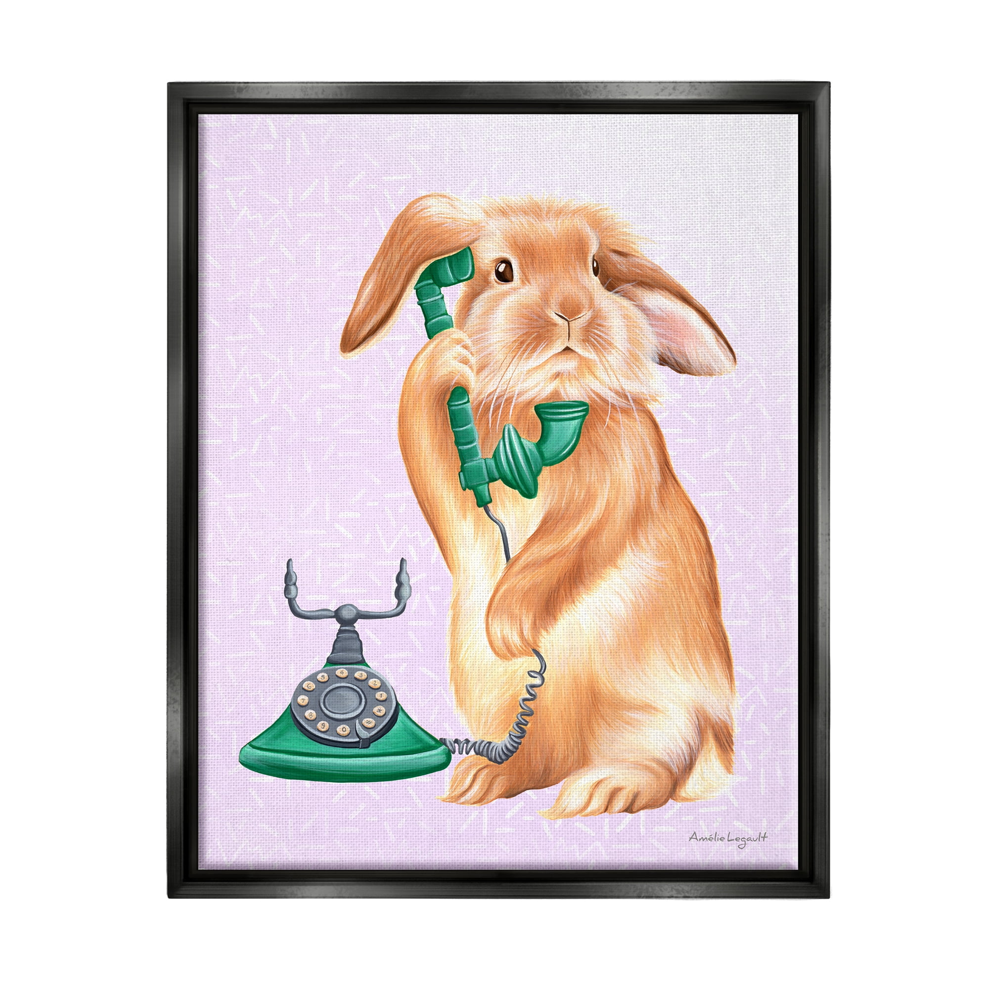 Stupell Industries Fluffy Bunny Rabbit Talking Green Rotary Phone Graphic Art Jet Black Floating Framed Canvas Print Wall Art, Design by Amelie Legault