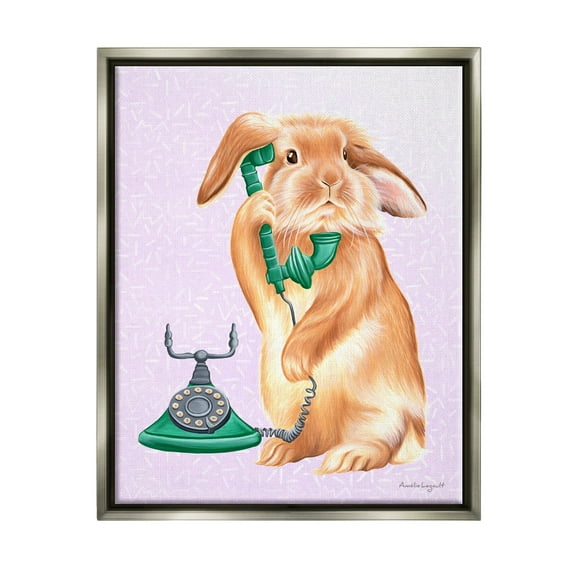 Stupell Industries Fluffy Bunny Rabbit Talking Green Rotary Phone Graphic Art Luster Gray Floating Framed Canvas Print Wall Art, Design by Amelie Legault