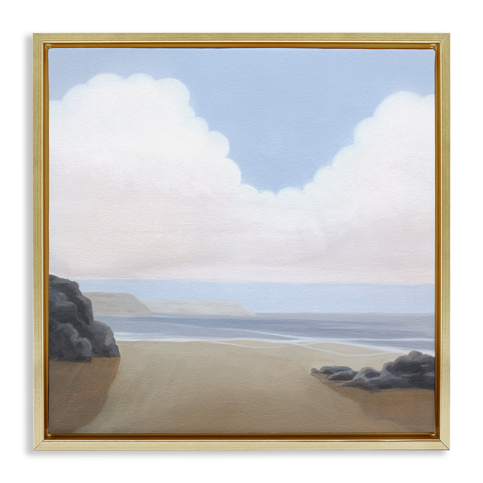 Stupell Industries Fluffy Clouds Over Beach Landscape Painting Gold Floater Framed Canvas Art Print Wall Art, 25 x 25