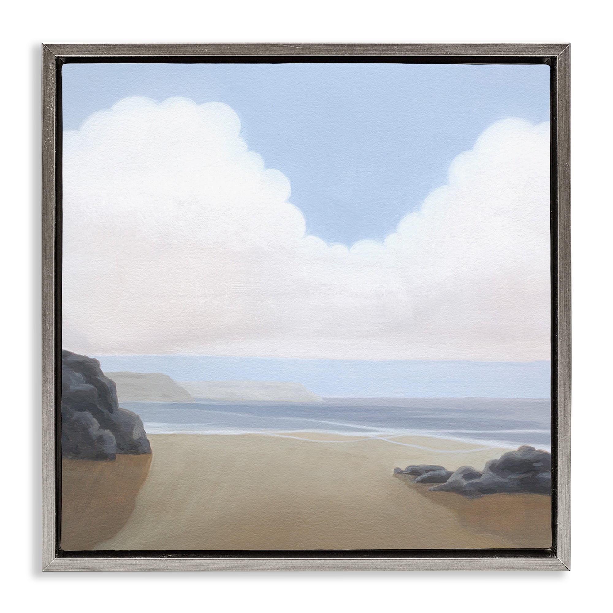 Stupell Industries Fluffy Clouds Over Beach Landscape Painting Gray Floater Framed Canvas Art Print Wall Art, 18 x 18