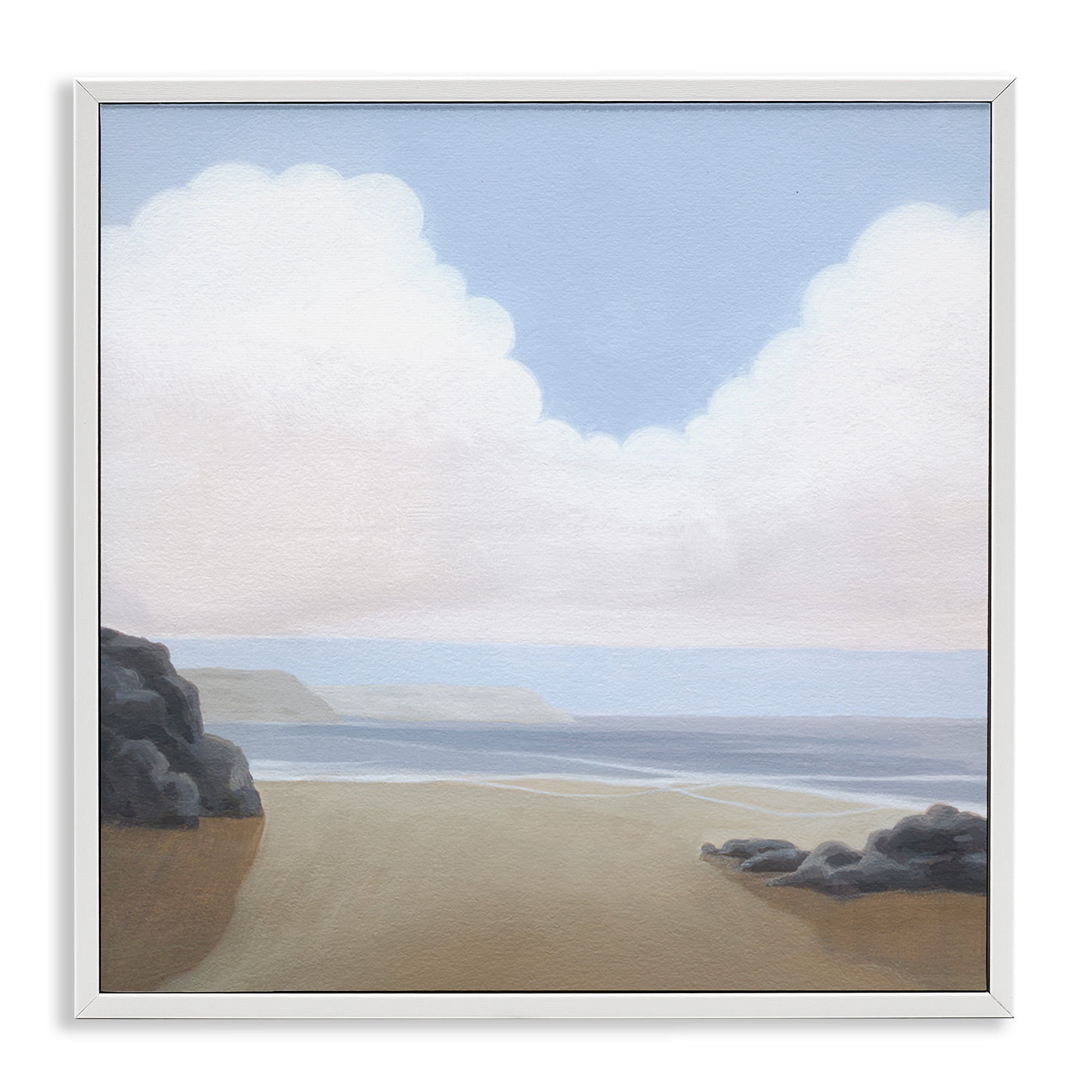 Stupell Industries Fluffy Clouds Over Beach Landscape Painting White Framed Art Print Wall Art, 12 x 12