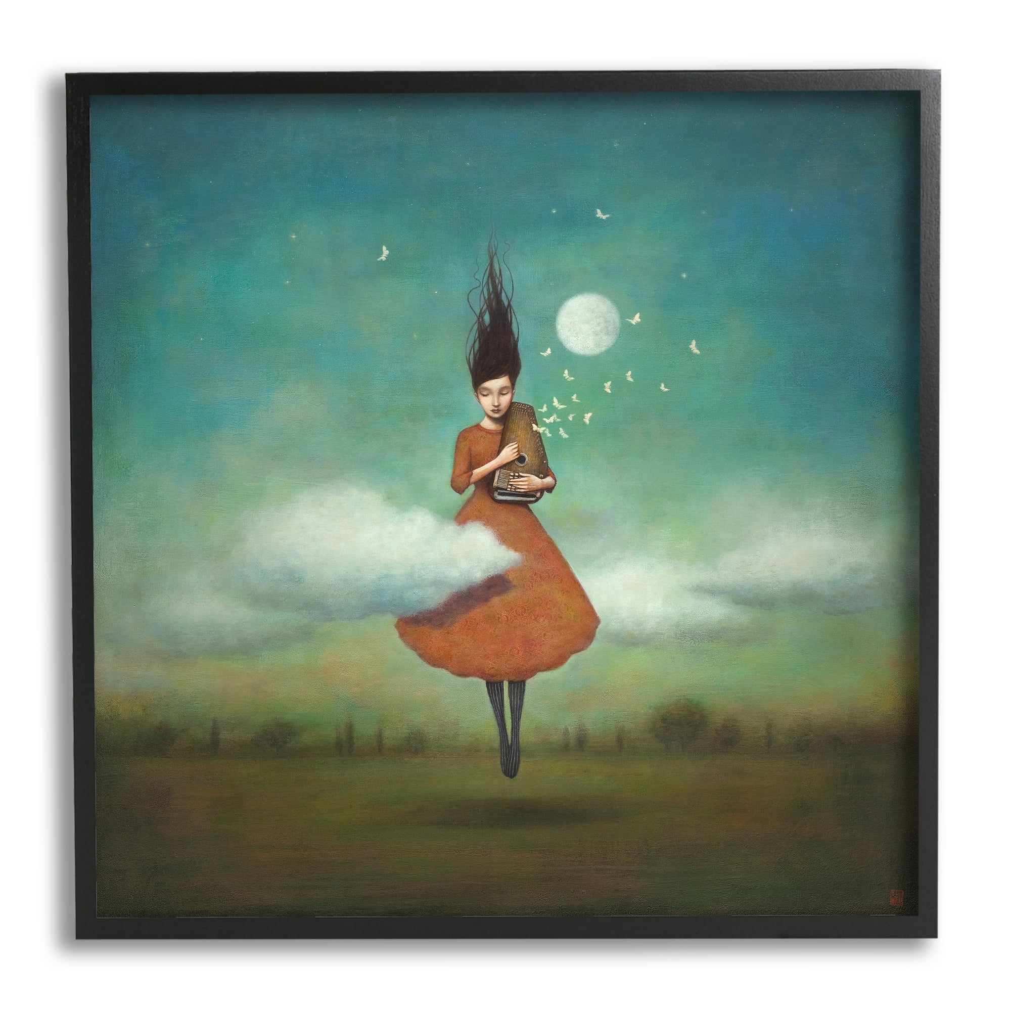 Stupell Industries Fluffy Clouds Surrounding Floating Woman Red Dress Framed Wall Art, 17 x 30, Design by Duy Huynh