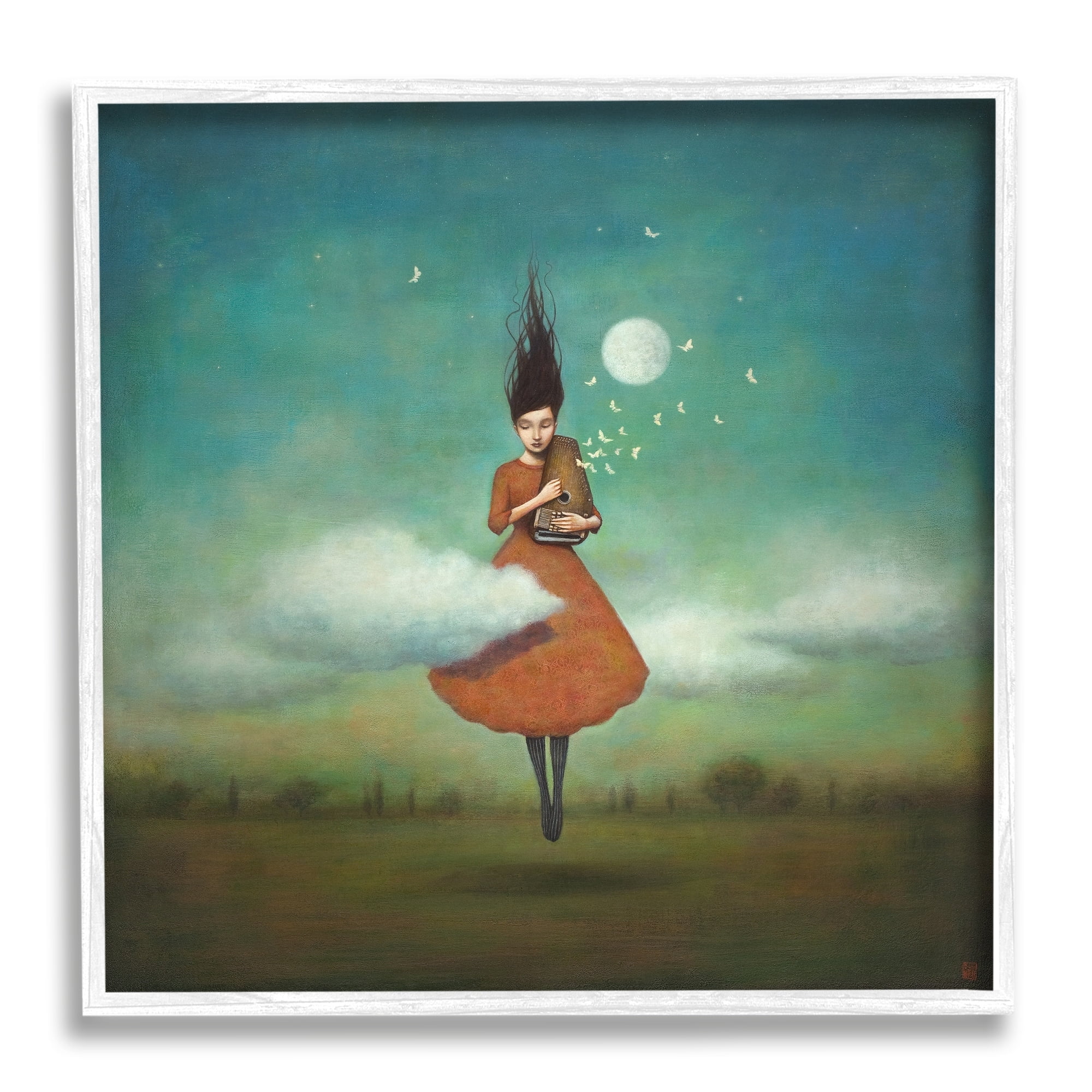 Fluffy Clouds Surrounding Floating Woman Red Dress Animals & Insects Painting Framed Art Print Wall Art