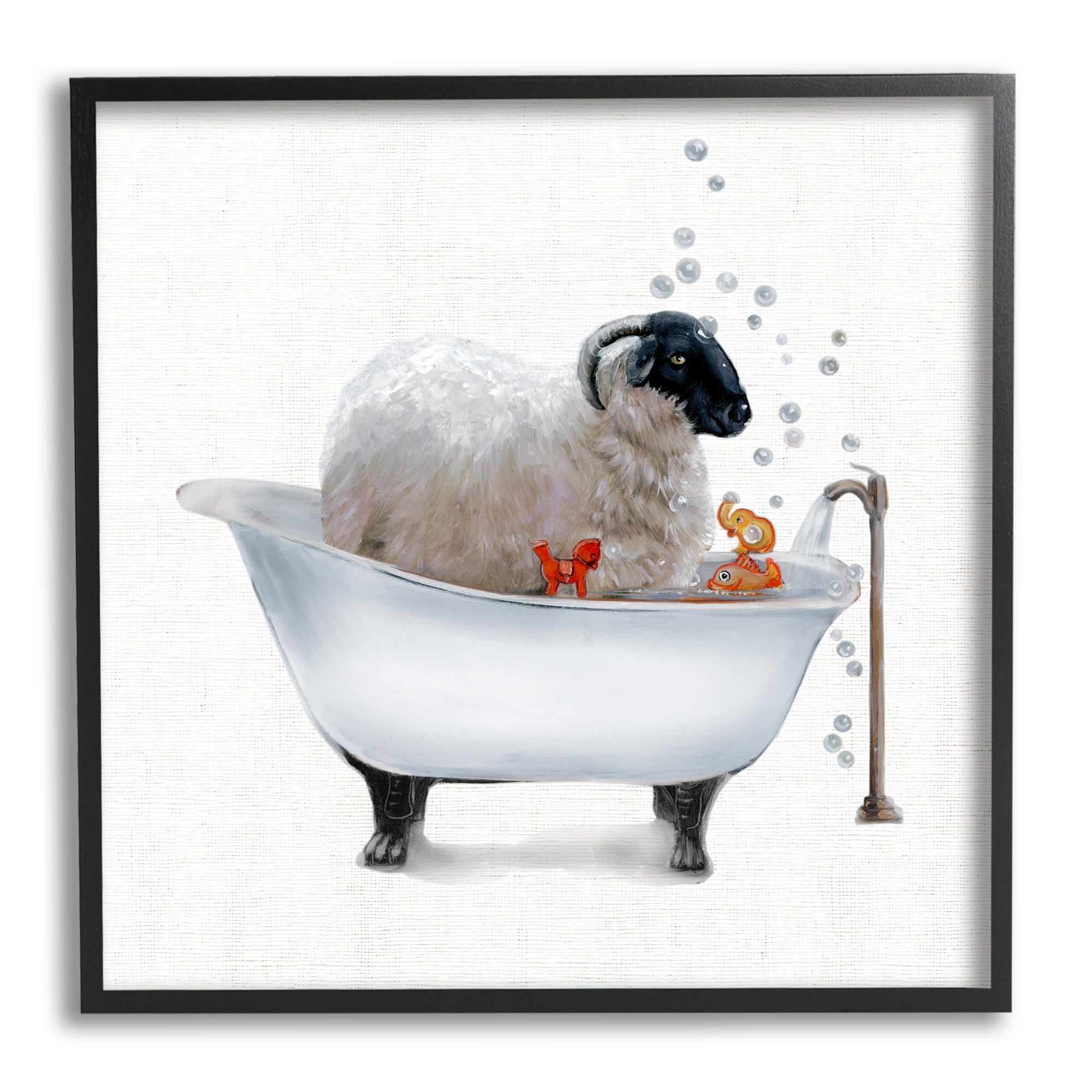 Stupell Industries Fluffy County Goat in Bathtub Soap Bubbles Animals & Insects Painting Black Framed Art Print Wall Art, 12 x 12