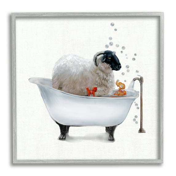 Stupell Industries Fluffy County Goat in Bathtub Soap Bubbles Animals & Insects Painting Gray Framed Art Print Wall Art, 12 x 12