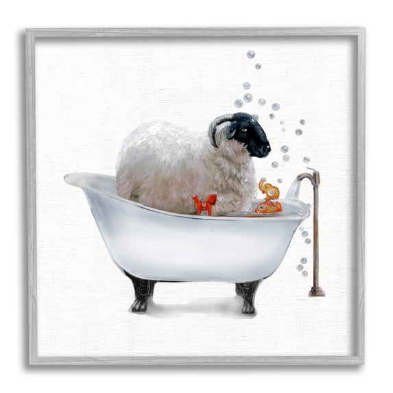 Stupell Industries Fluffy County Goat in Bathtub Soap Bubbles Animals & Insects Painting Gray Framed Art Print Wall Art, 24 x 24