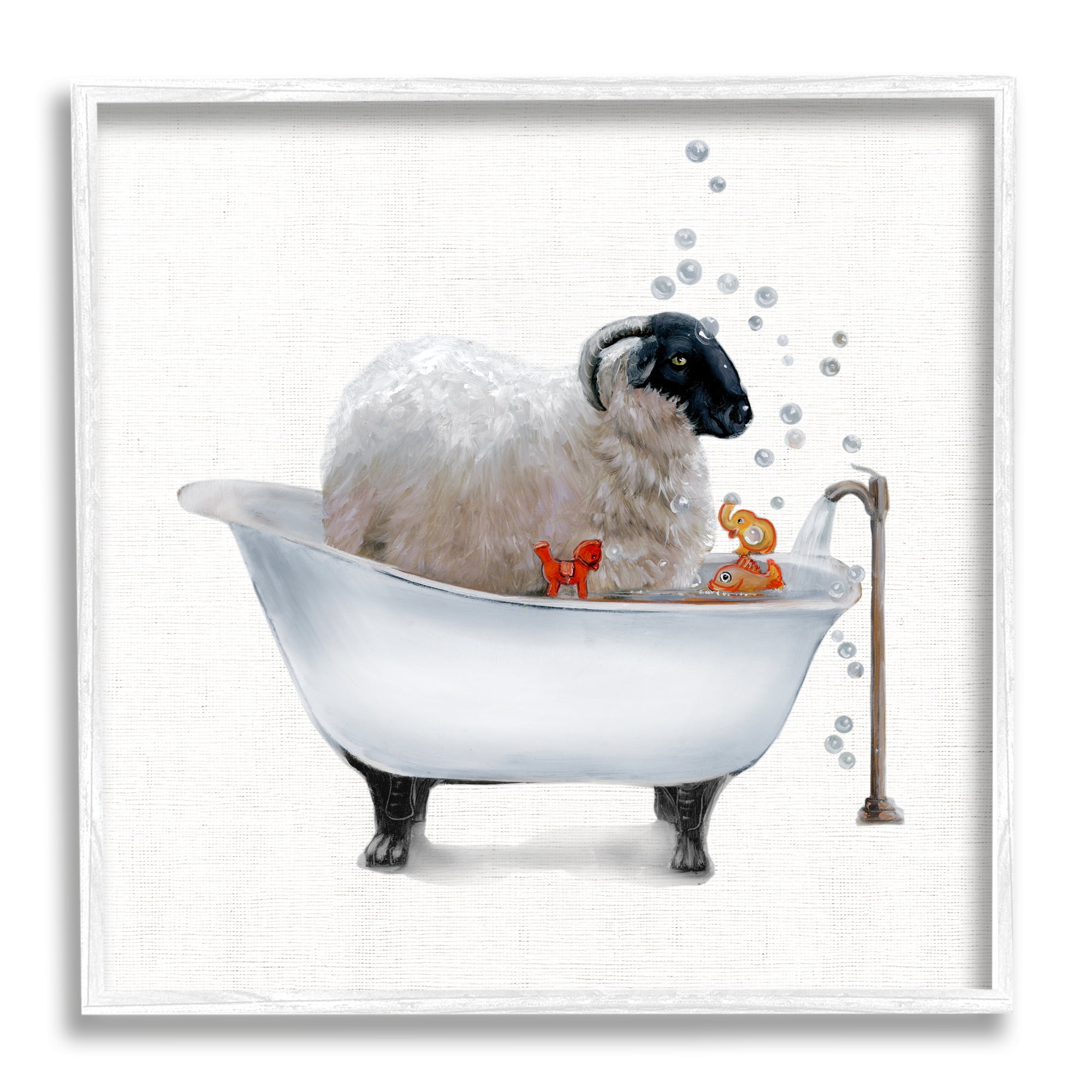 Stupell Industries Fluffy County Goat in Bathtub Soap Bubbles Animals & Insects Painting White Framed Art Print Wall Art, 12 x 12
