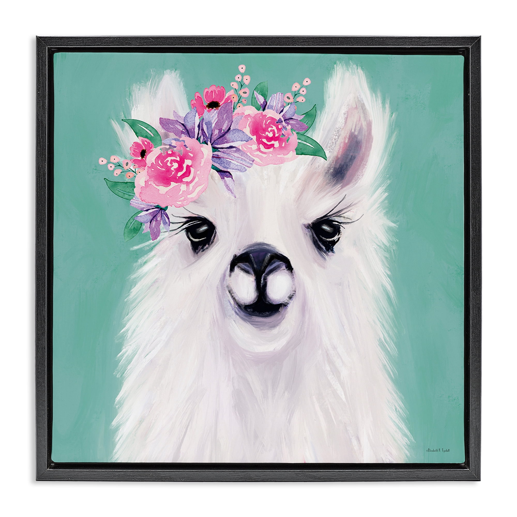 Stupell Industries Fluffy Floral Alpaca Animals & Insects Painting Black Floater Framed Canvas Art Print Wall Art, 18 x 18