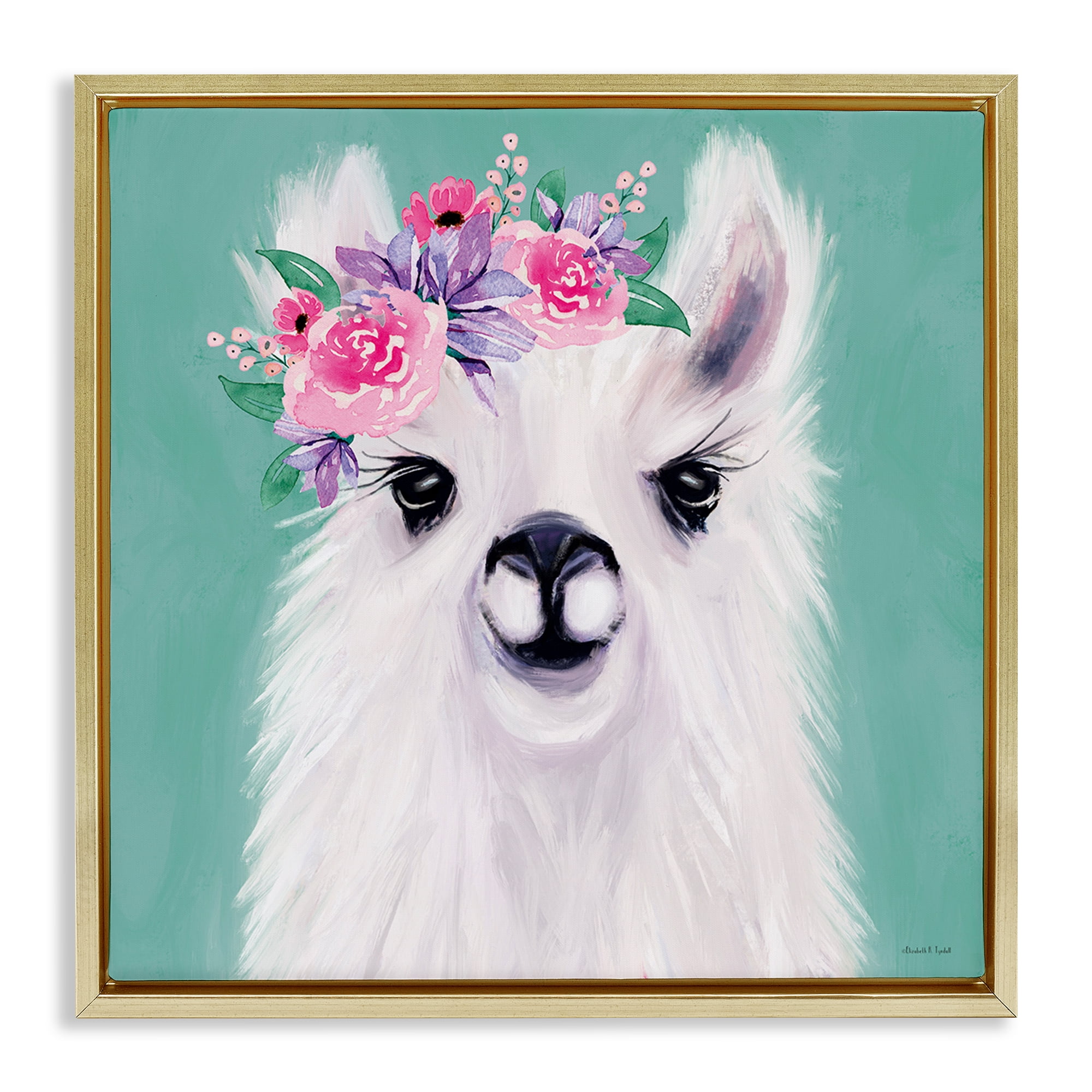 Stupell Industries Fluffy Floral Alpaca Animals & Insects Painting Gold Floater Framed Canvas Art Print Wall Art, 18 x 18