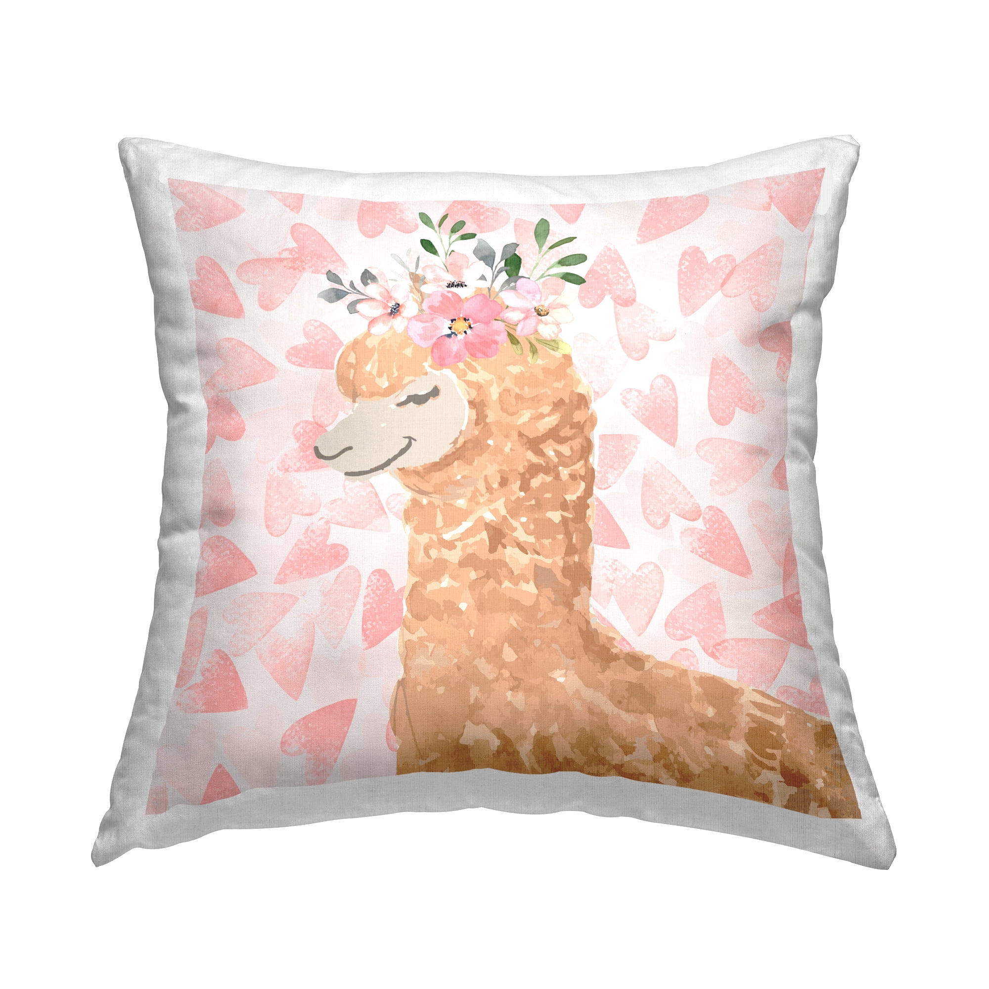Stupell Industries Fluffy Floral Alpaca Cute Pink Heart Pattern Design by ND Art Throw Pillow