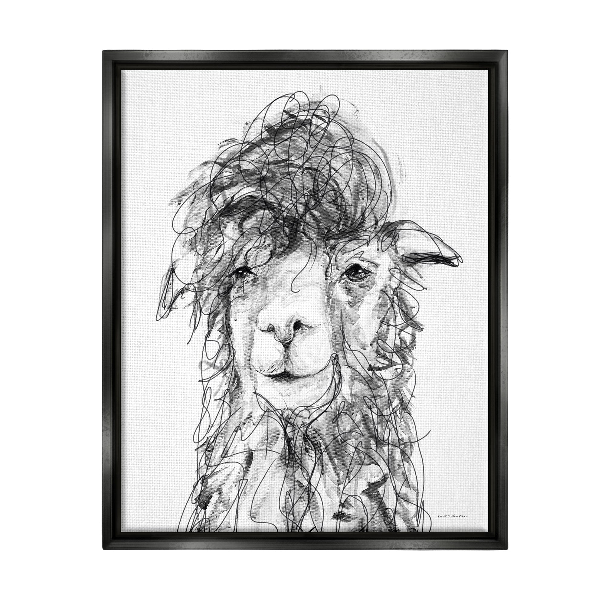 Stupell Industries Fluffy Hair Alpaca Llama Smiling Scribble Lines Drawing Print Jet Black Floating Framed Canvas Print Wall Art, Design by Kamdon Kreations