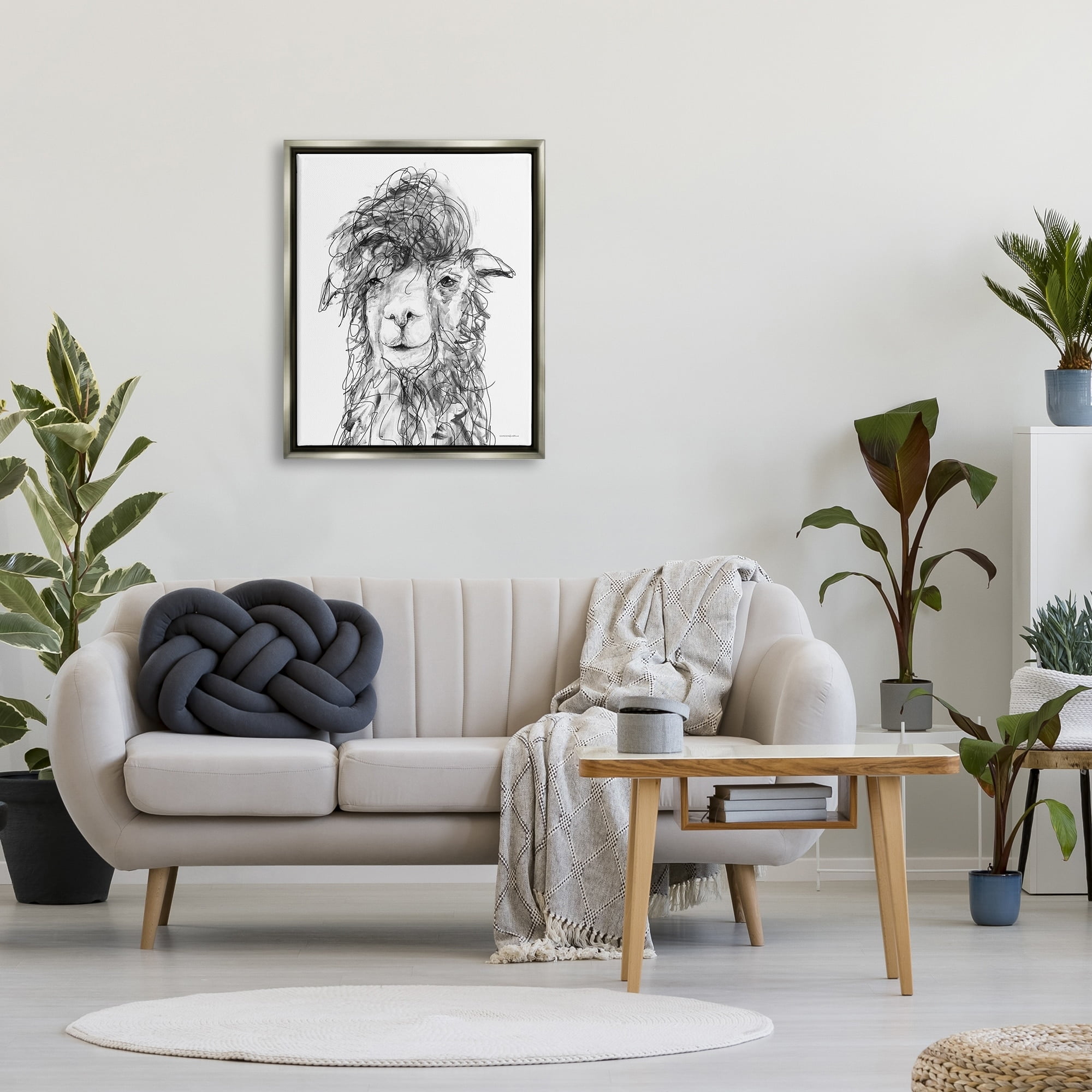 Stupell Industries Fluffy Hair Alpaca Llama Smiling Scribble Lines Drawing Print Luster Gray Floating Framed Canvas Print Wall Art, Design by Kamdon Kreations