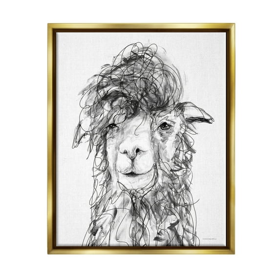Stupell Industries Fluffy Hair Alpaca Llama Smiling Scribble Lines Drawing Print Metallic Gold Floating Framed Canvas Print Wall Art, Design by Kamdon Kreations