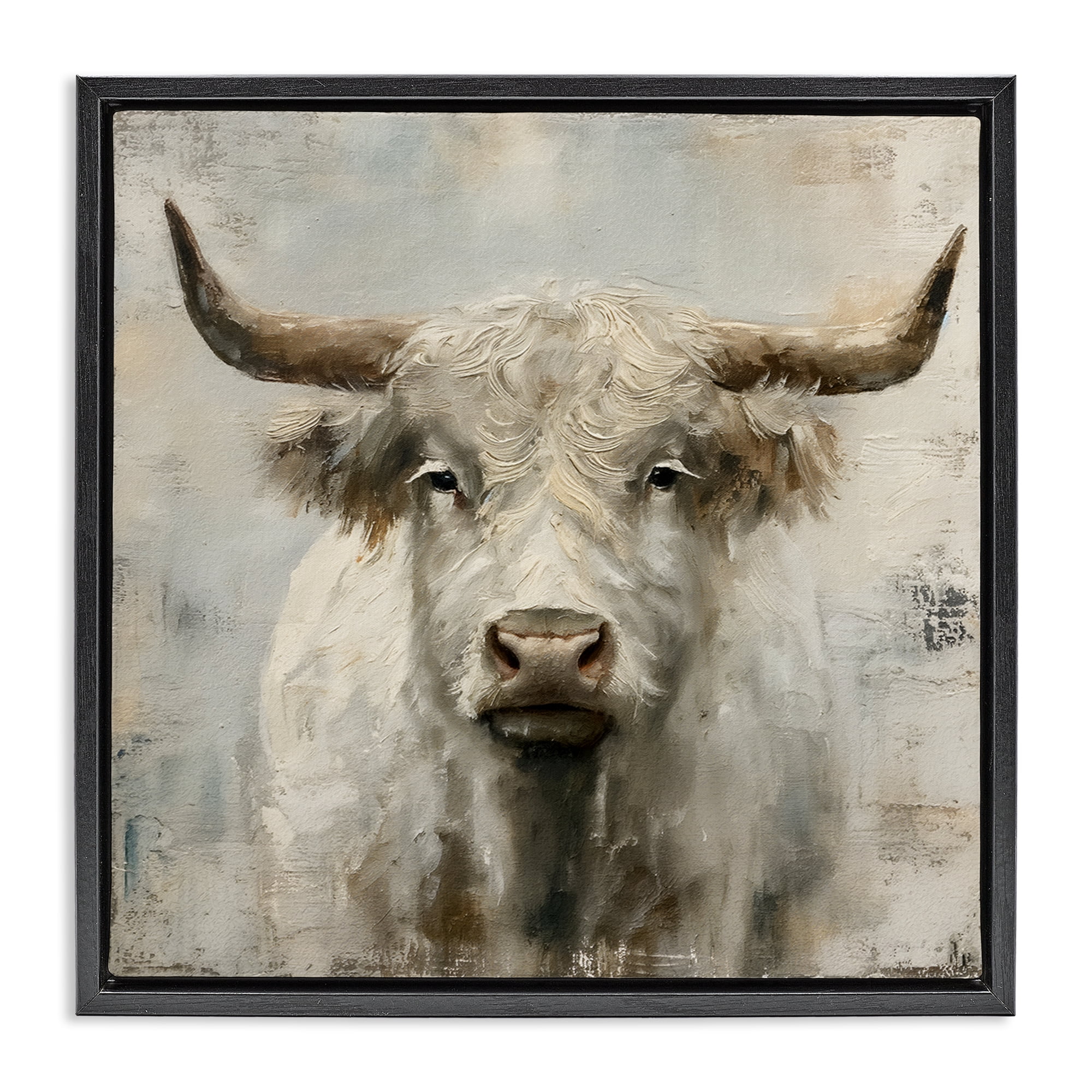 Stupell Industries Fluffy Longhorn Cattle Animals Painting Black Floater Framed Canvas Art Print Wall Art, 25 x 25