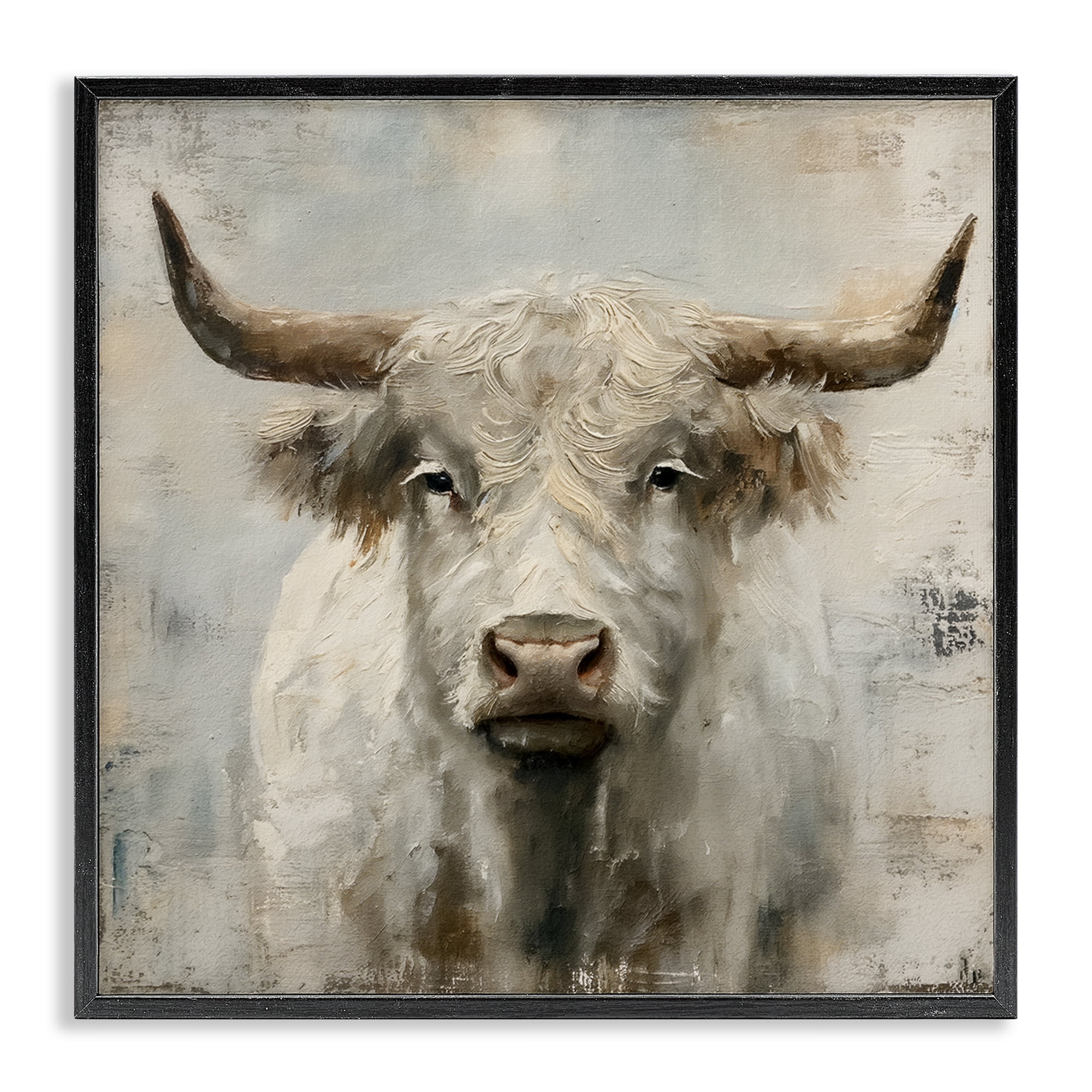 Stupell Industries Fluffy Longhorn Cattle Animals Painting Black Framed Art Print Wall Art, 17 x 17