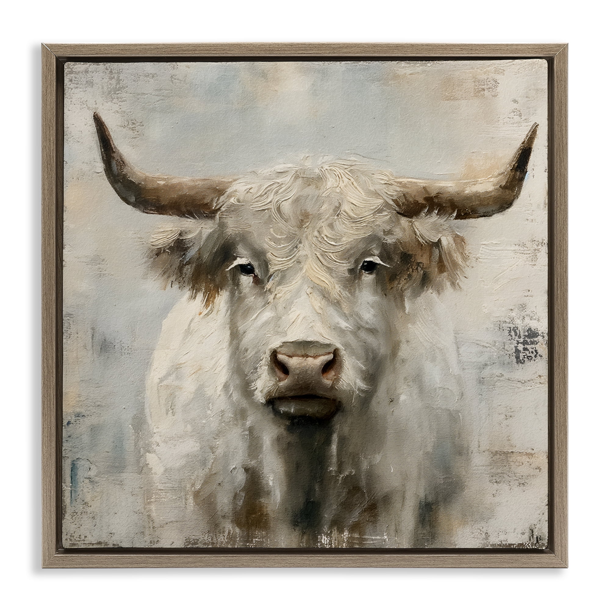 Stupell Industries Fluffy Longhorn Cattle Animals Painting Brown Floater Framed Canvas Art Print Wall Art, 18 x 18