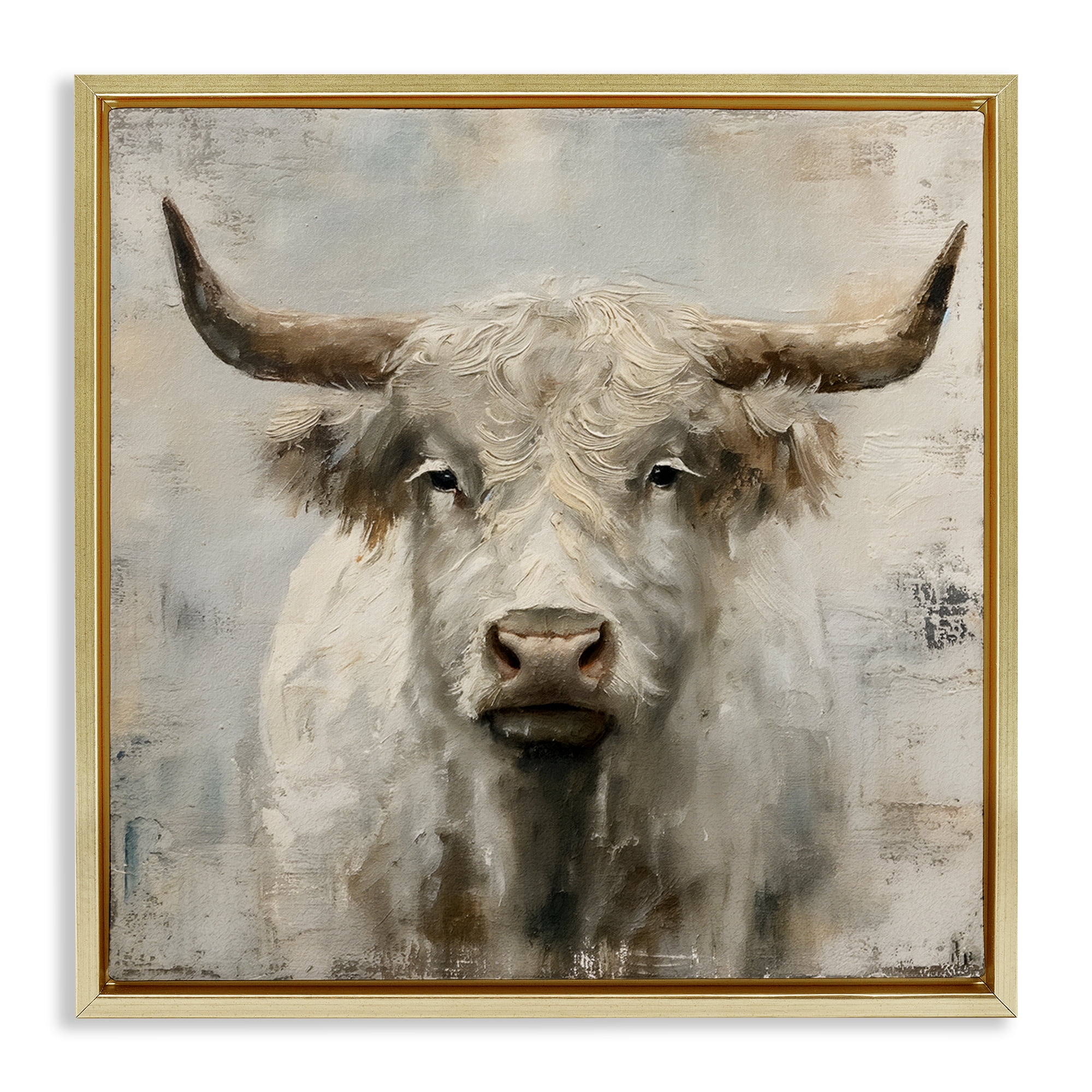 Stupell Industries Fluffy Longhorn Cattle Animals Painting Gold Floater Framed Canvas Art Print Wall Art, 18 x 18